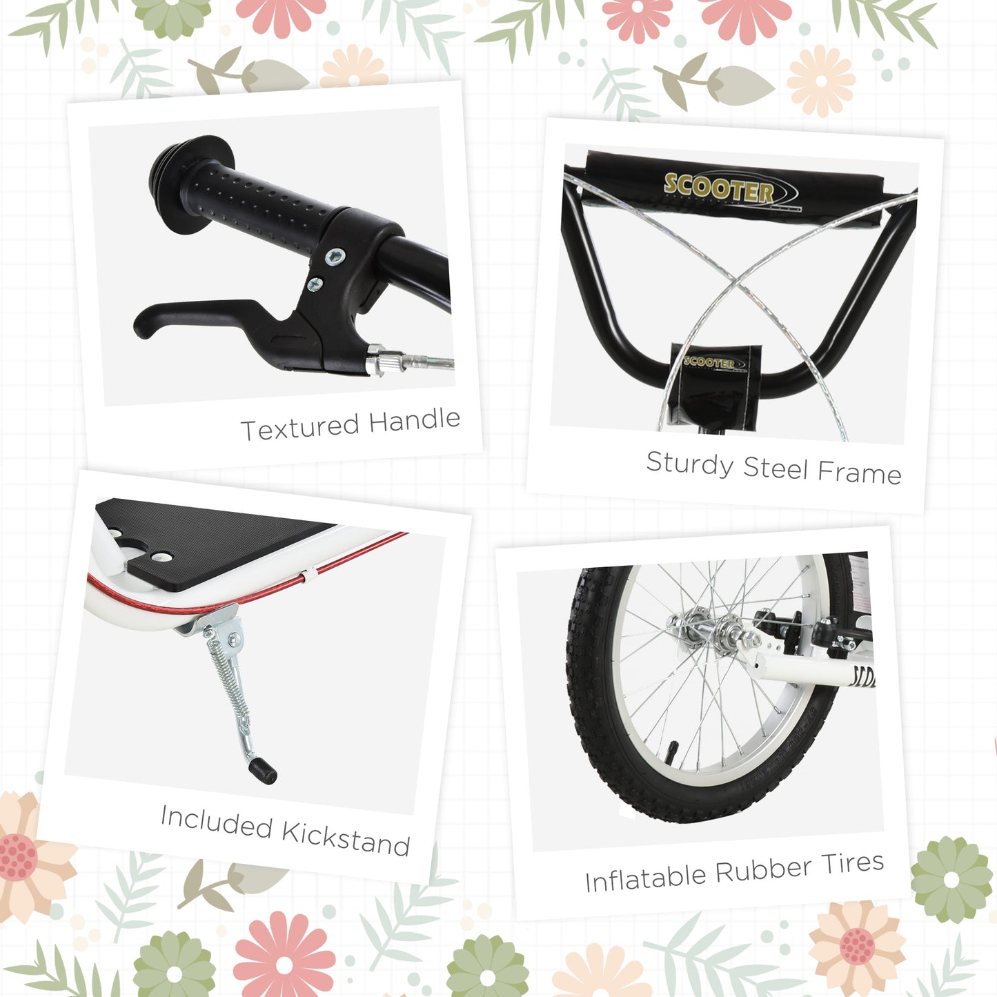 Youth Scooter Kick Scooter For Kids 5+ With Adjustable Handlebar Front And Rear Dual Brakes Inflatable Wheels, White