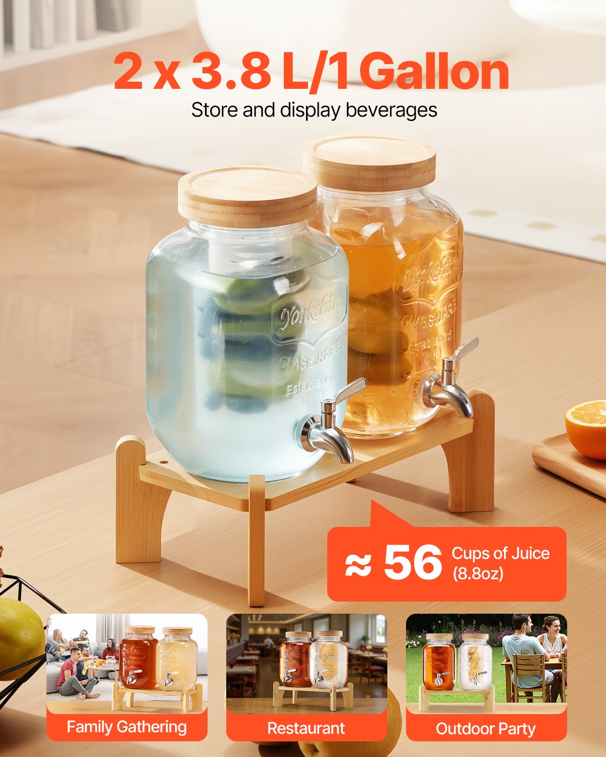 Beverage Dispenser, 2 Pack 1 Gallon Drink Dispensers For Parties, Glass Juice Dispenser With Wood Stand, Stainless Steel Spigot, Infuser, Iced Tea Lemonade Juice Water Dispensers For Parties