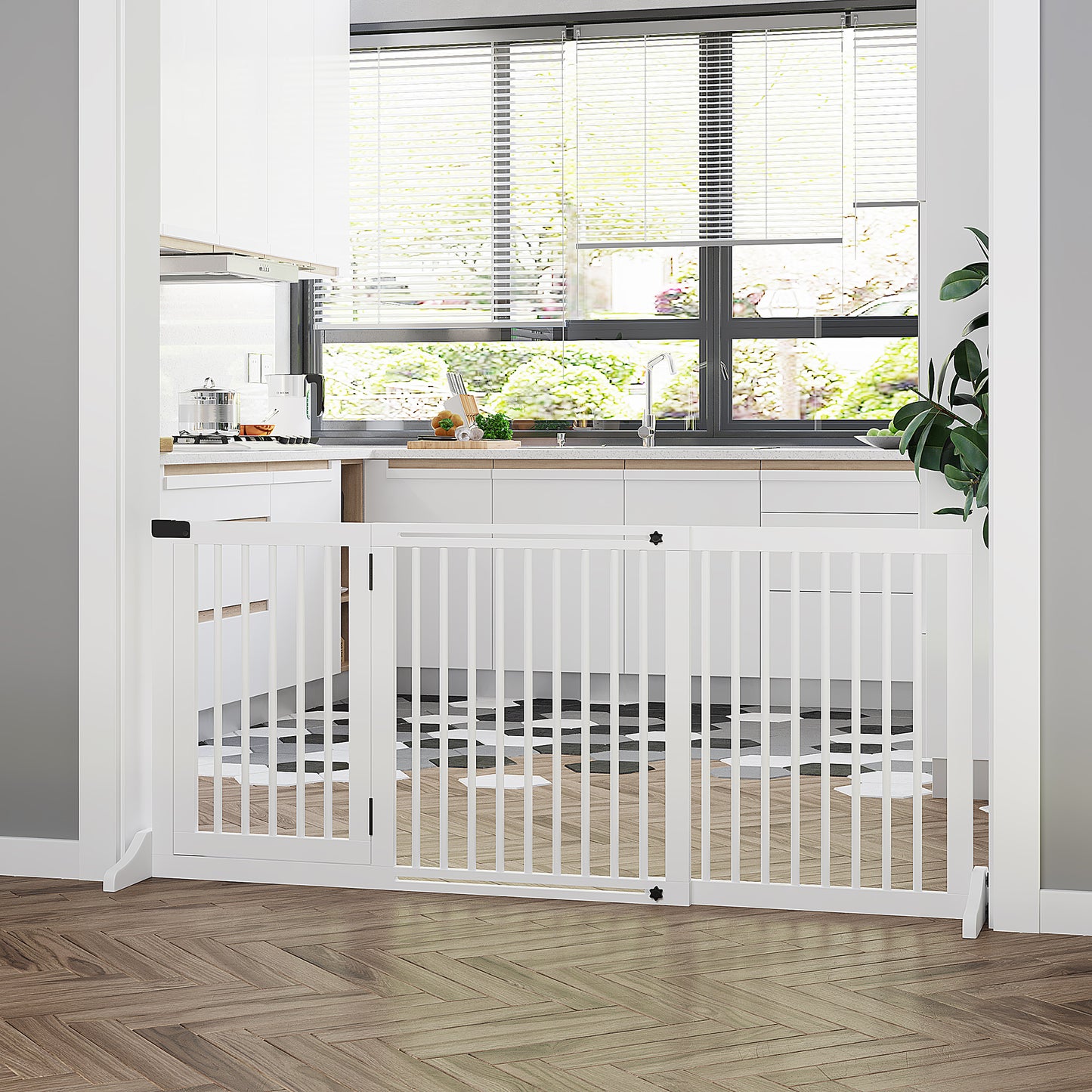 Freestanding Length Adjustable Wooden Pet Gate With Lockable Door 3 Panels, White 