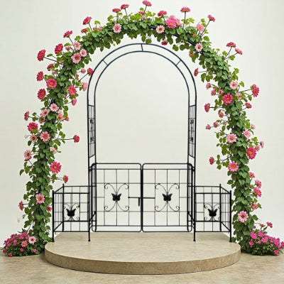 Garden Arch Arbor Trellis For Climbing Plants With Gate, Durable Metal Garden Arch Outdoor Wedding Arch, For Wedding Ceremony Party Plant Climbing Rose Vines Lawn Courtyard Patio Black, 7.15ft