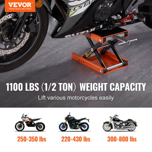 Motorcycle Lift, 1100 LBS Motorcycle Scissor Lift Jack With Wide Deck & Safety Pin, Center Hoist Crank Stand, Steel Scissor Jack For Street Bikes, Cruiser Bikes, Touring Motorcycles
