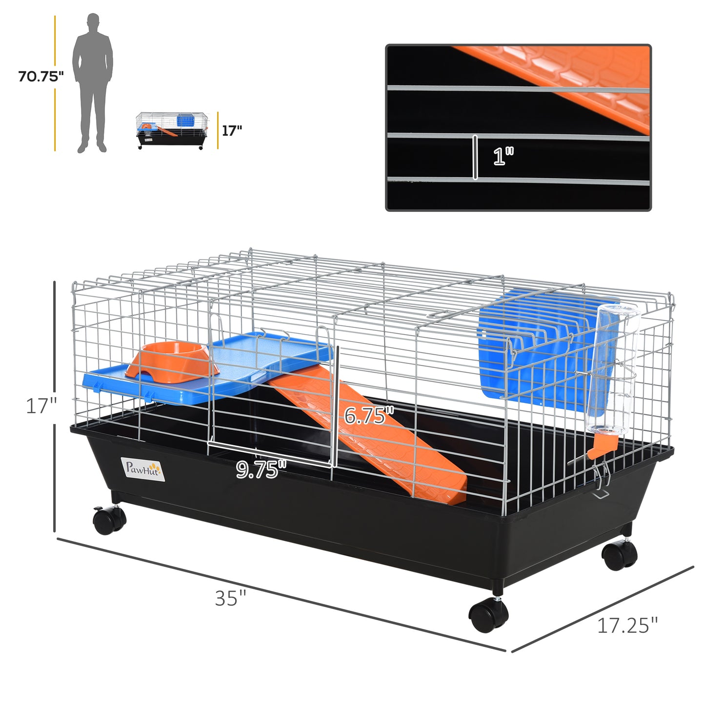 35"L Small Animal Cage With Food Dish, Water Bottle, Hay Feeder, Platform, Ramp For Chinchilla, Black