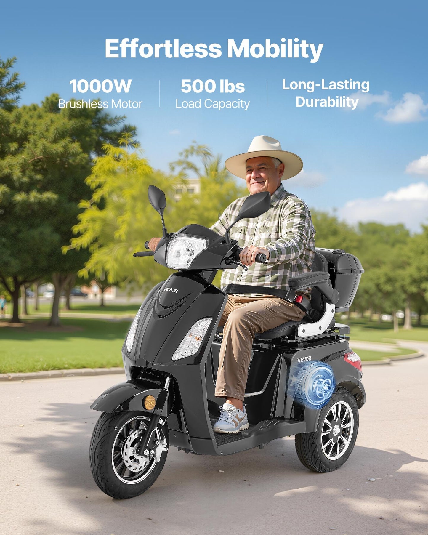 Heavy Duty 3-Wheel Mobility Scooters For Seniors & Adults, 500lbs Capacity, 21.5 Miles 3-Speed Long Range, 1000W All Terrain Electric Recreational Scooter Wheelchair, 20° Max Climbing Capacity