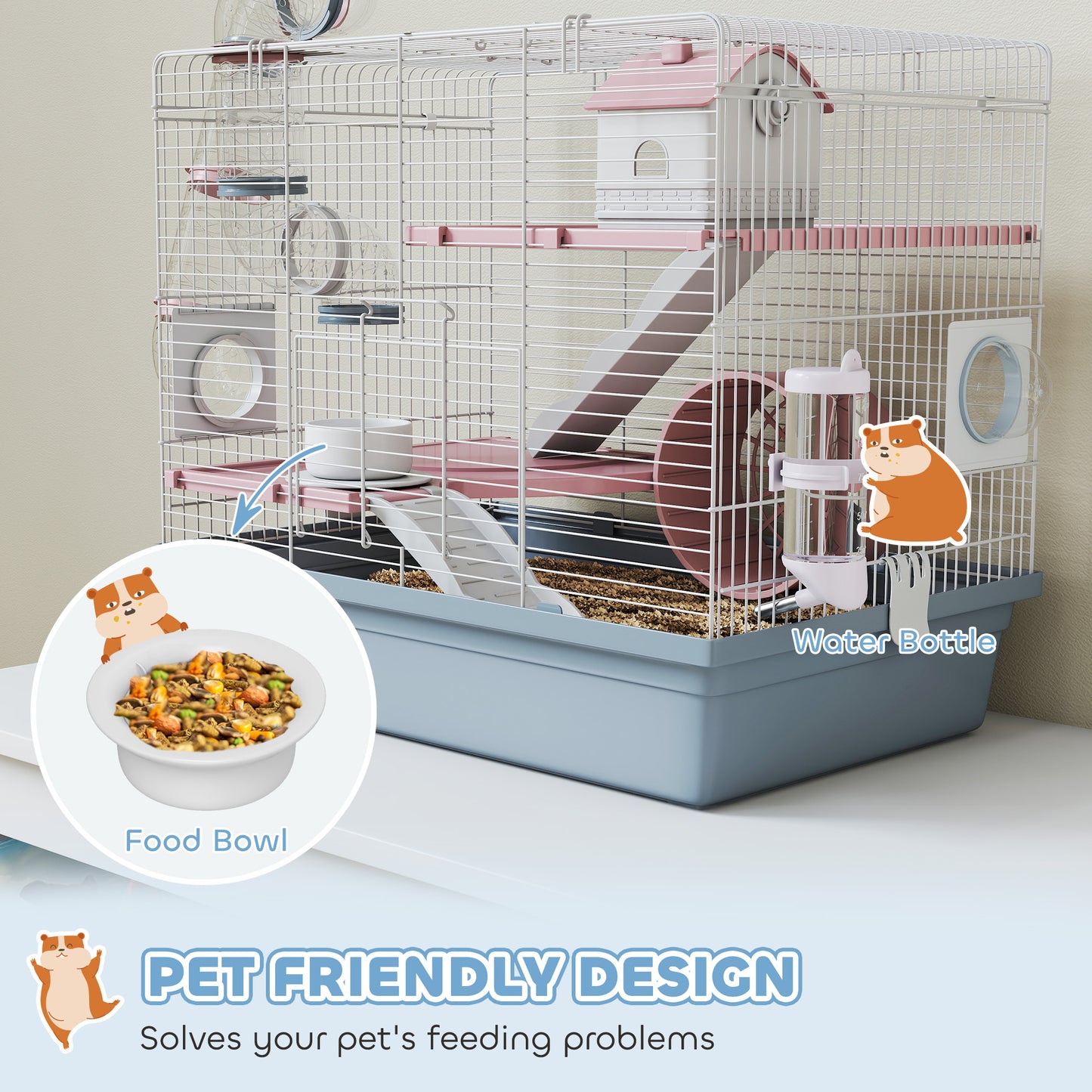 Hamster Cage, 3-Tier Small Animal Cage With Exercise Wheel, Food Bowl, Water Bottle, House, Tunnels, Ramps