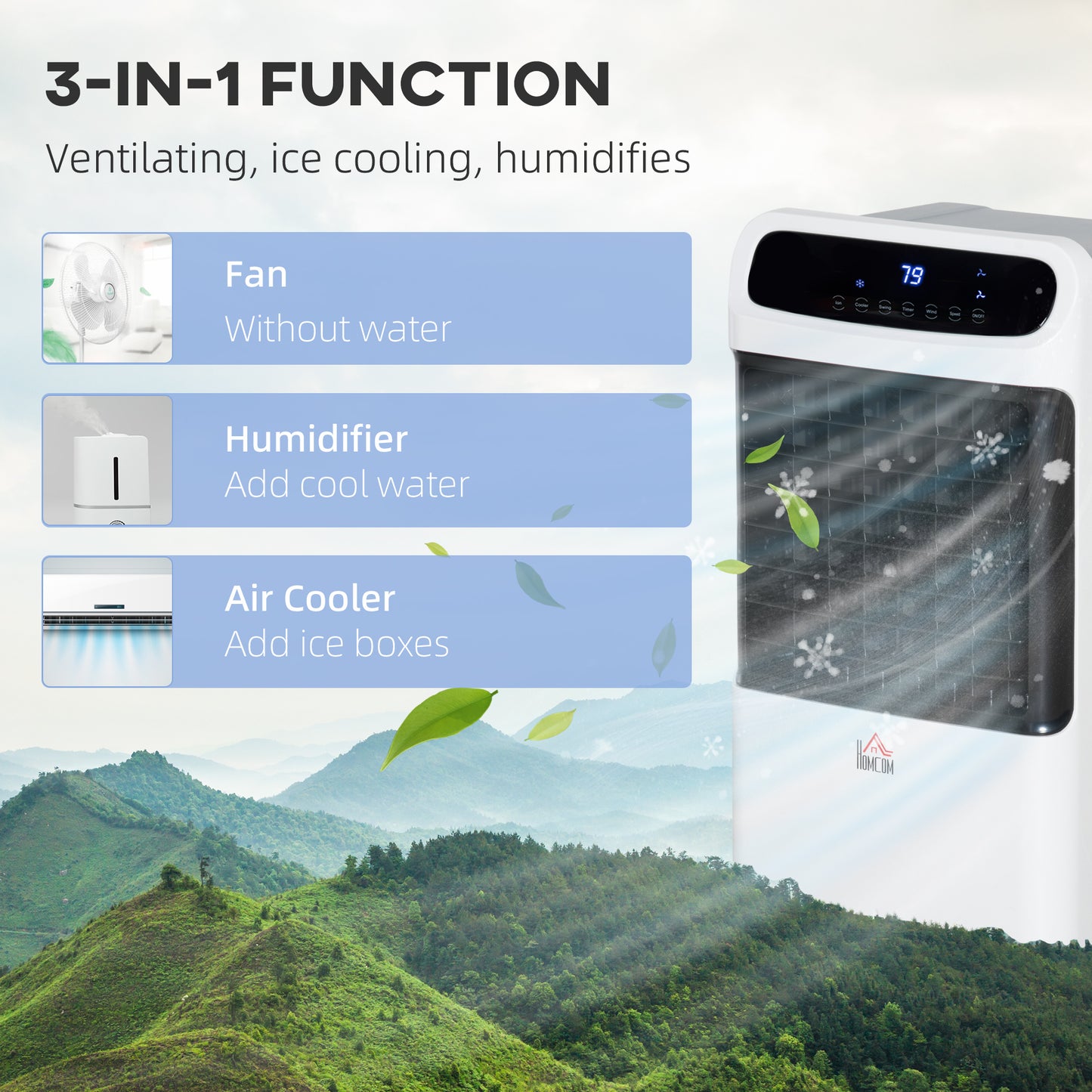 32" Evaporative Air Cooler with 3.2 Gal Water Tank, 60° Oscillating, 3-In-1 Ice Cooling Fan, Portable Swamp Cooler with Humidifier for Home Office, 3 Modes, 3 Speeds, 12H Timer, Remote, White