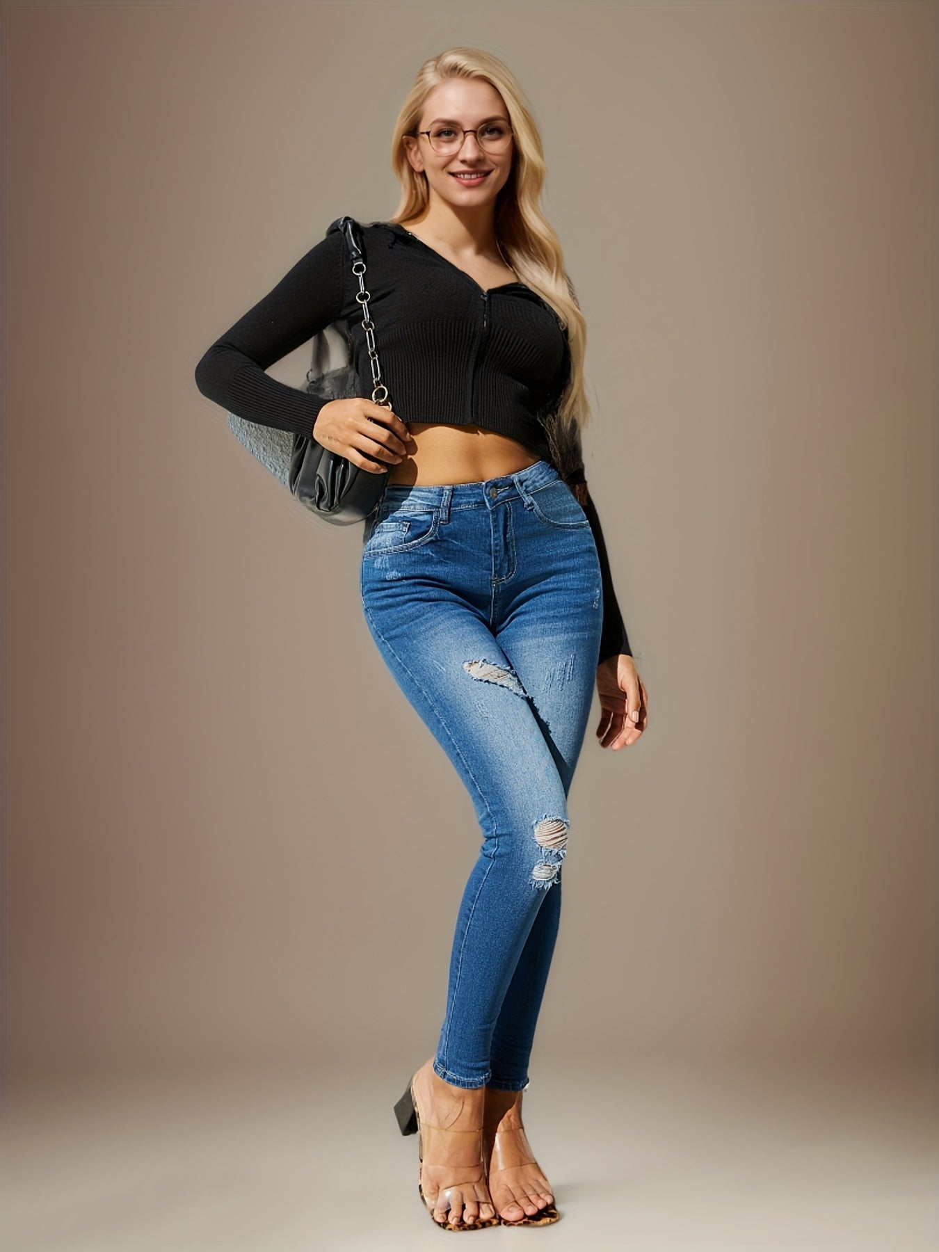 New Fashion Stylish Women's Skinny Fit Jeans - High-Waist, Frayed Hem, Distressed Washed Denim Pants With Stretch For Comfortable Street Style Fashion - Women Clothing