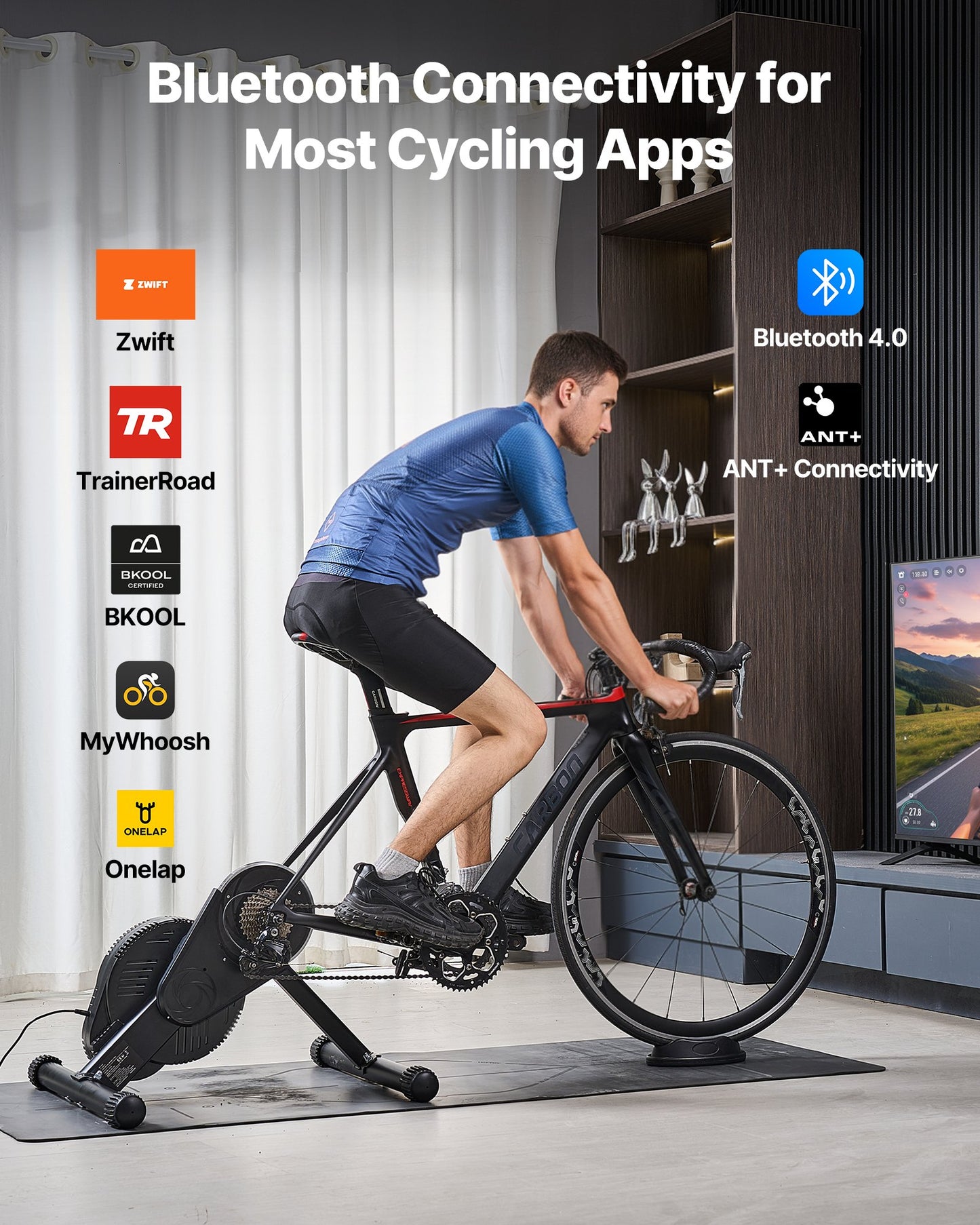 Bike Trainer, 1-13 Level, 26-29 In & 700C Wheels, Smart Bicycle Stationary Stand For Indoor Exercise Riding With Front Wheel Riser Block, Fits Road And Mountain Bikes, Compatible With Zwift App