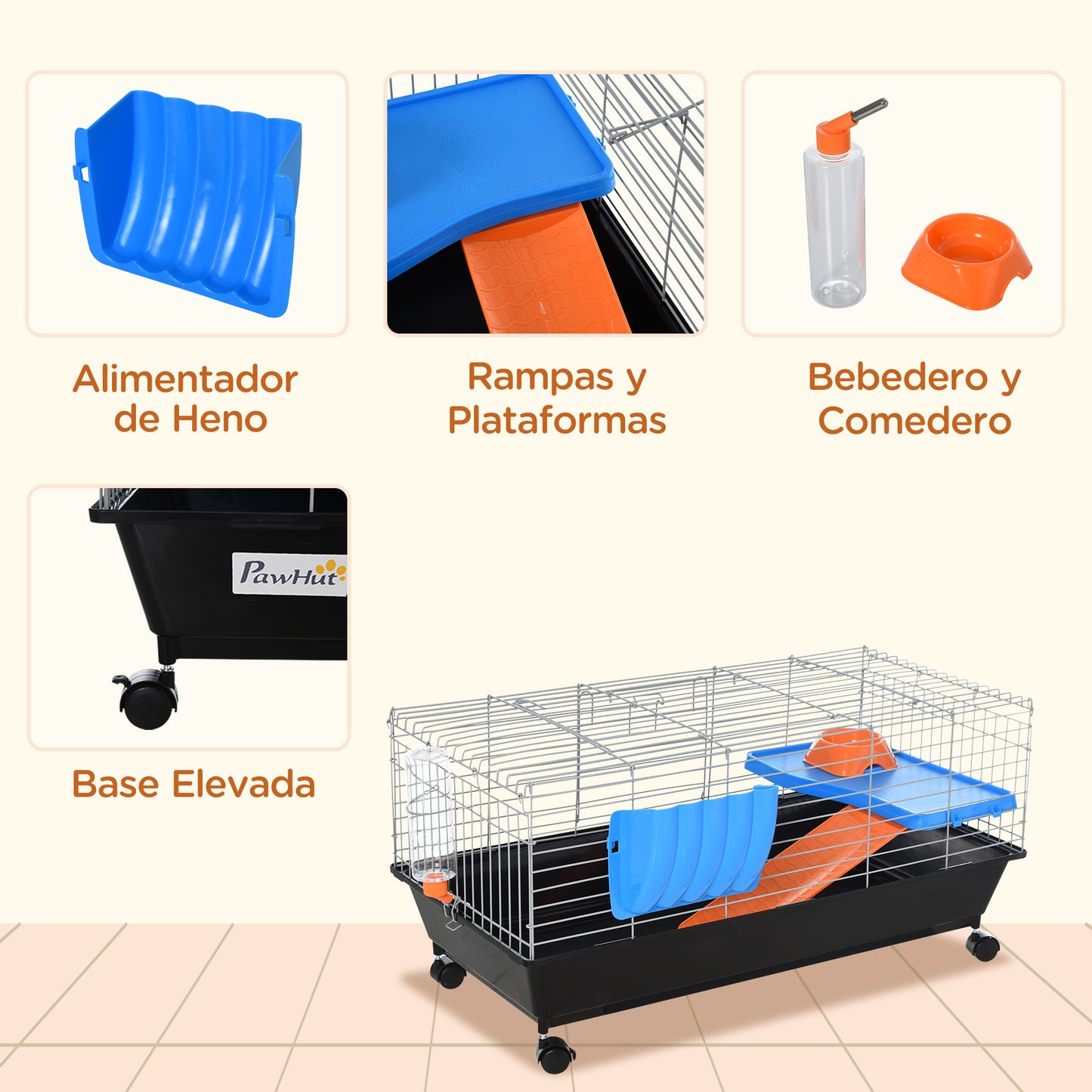 35"L Small Animal Cage With Food Dish, Water Bottle, Hay Feeder, Platform, Ramp For Chinchilla, Black