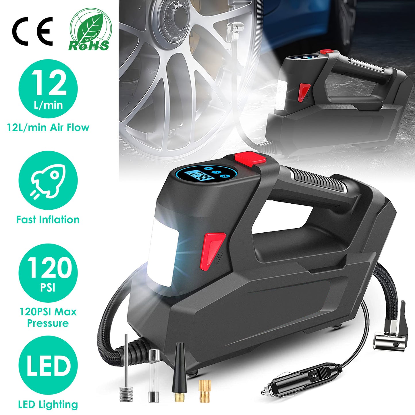 1Pc Portable Tire Inflator 120 PSI Maximum 90W Powered Tire Inflator With Digital Display LED Light Inflatable Nozzle Needle Fuse Air Compressor For Bikes Motorbikes Car Balls