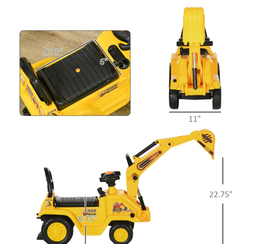 3-in-1 Ride On Excavator Digger Scooter & Pulling Cart, Construction Pretend Play Toy For Kids