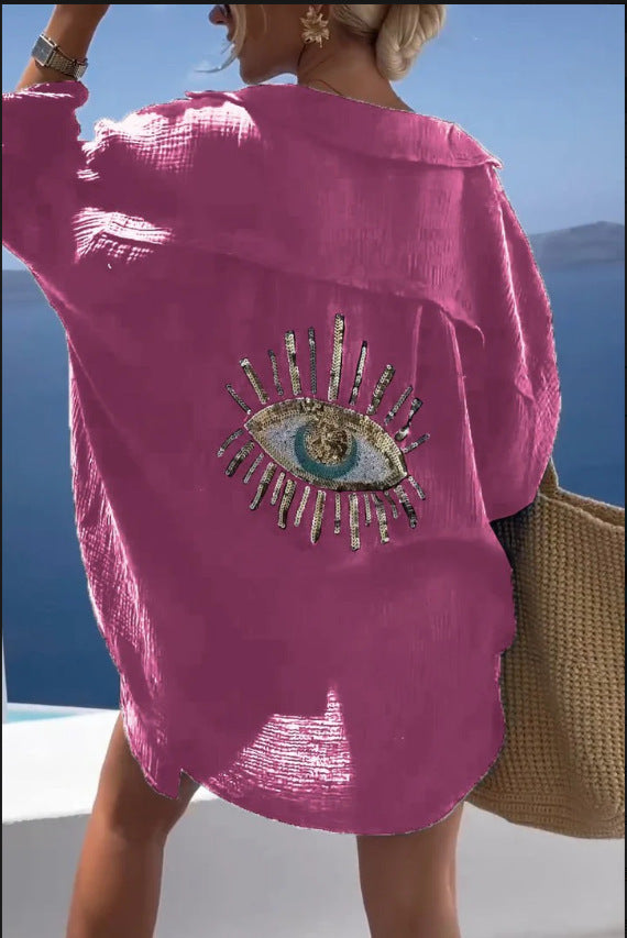 Women's Outdoor Beach Shirt Casual Sequin Beaded Shirt
