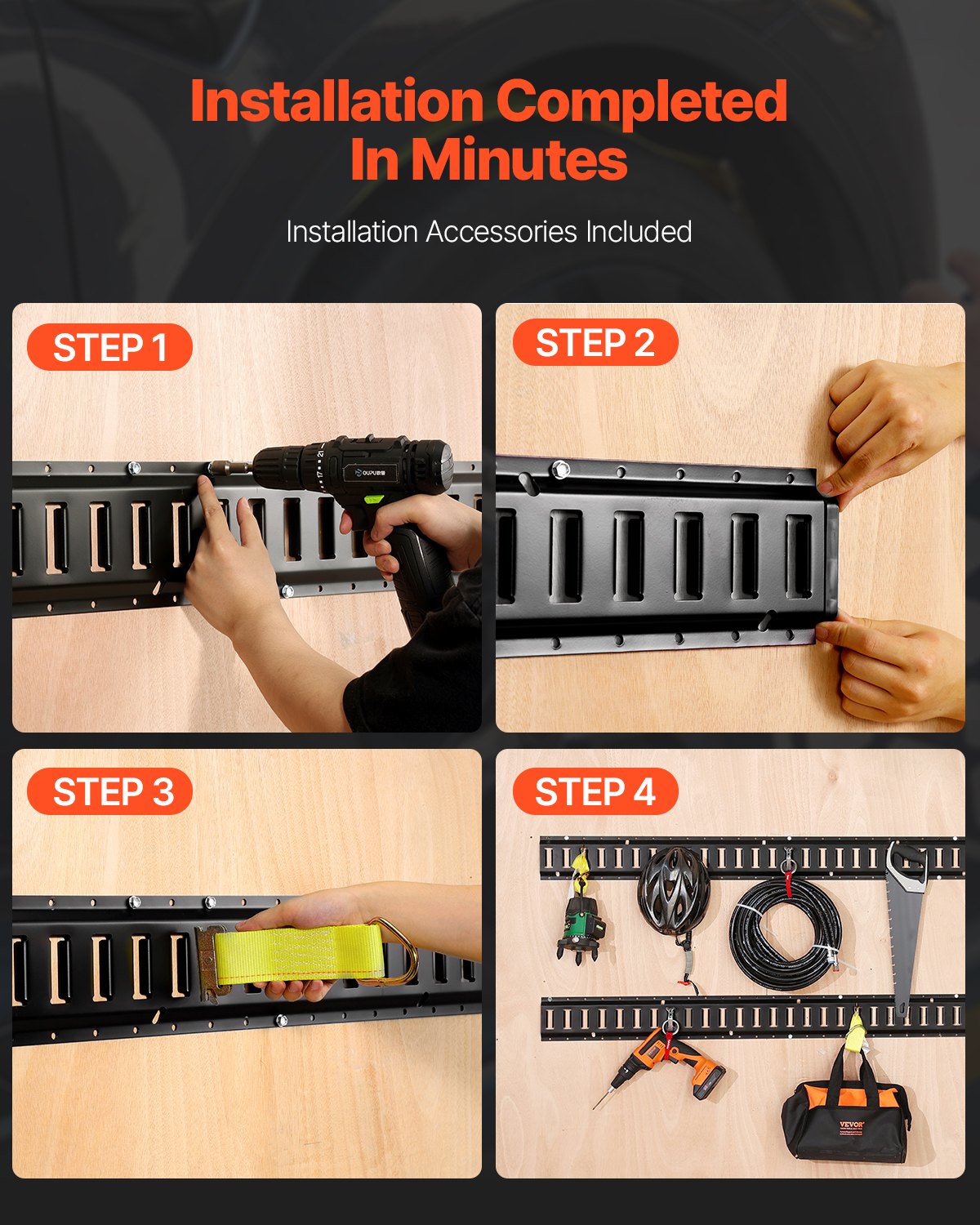 E Track Tie-Down Rail Kit, 30PCS 5FT E-Tracks Set Includes 4 Steel Rails & 2 Single Slot & 8 O Rings & 8 Tie-Offs W/D-Ring & 8 End Caps, Securing Accessories For Cargo, Motorcycles, And Bikes