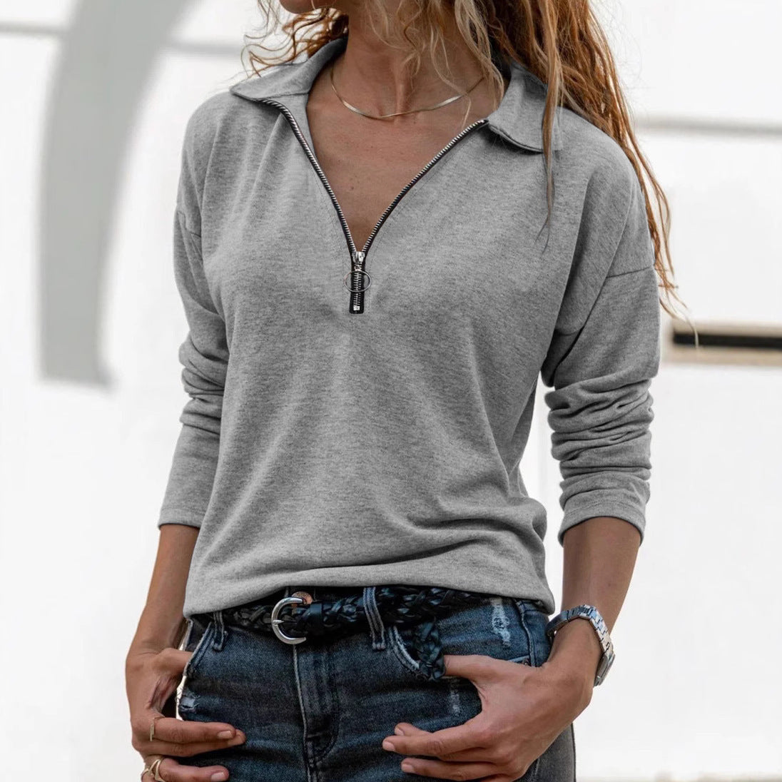 Fabric Lapel Zipper Casual Long Sleeve Women