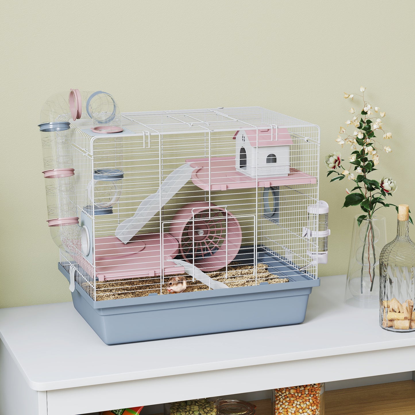 Hamster Cage, 3-Tier Small Animal Cage With Exercise Wheel, Food Bowl, Water Bottle, House, Tunnels, Ramps