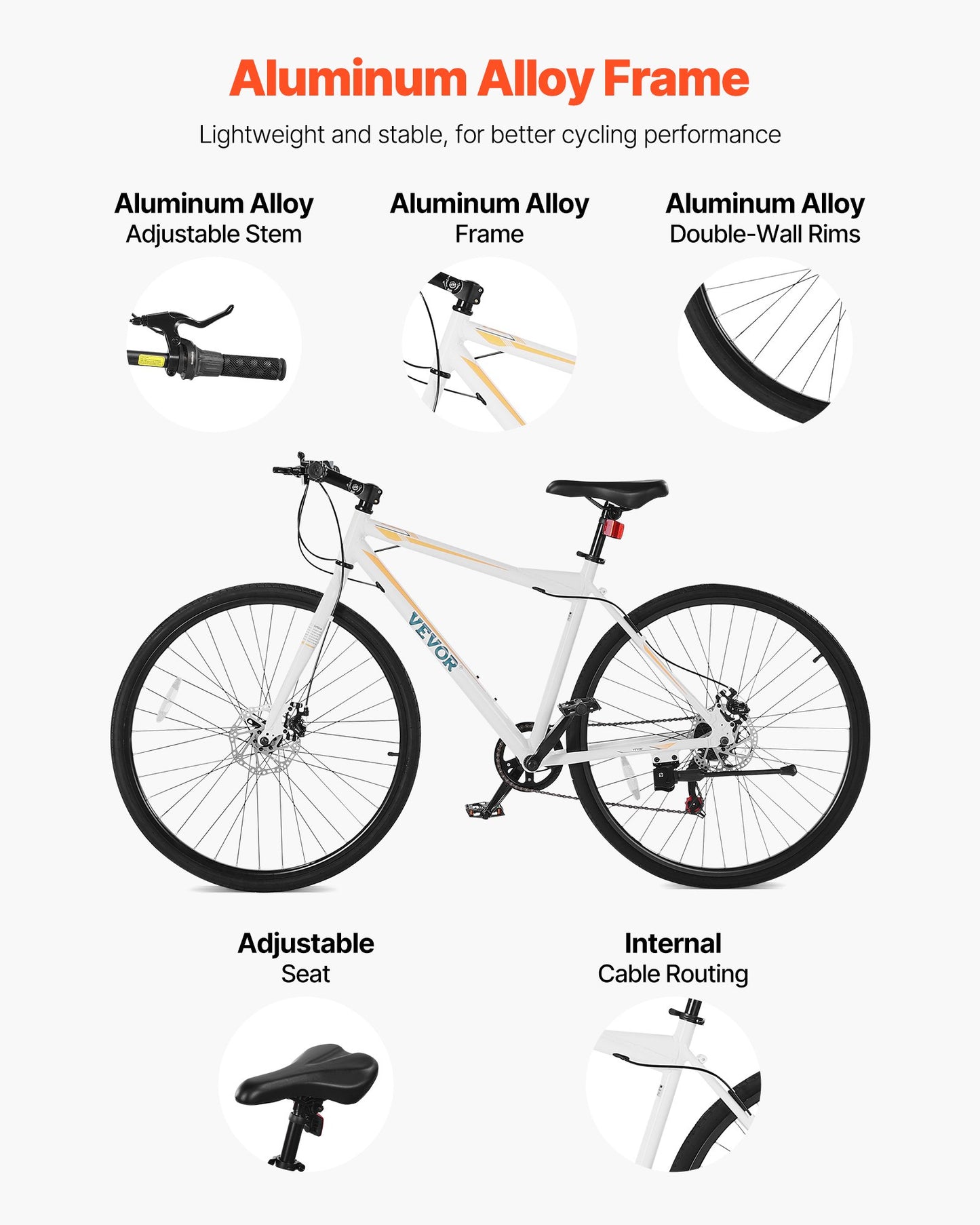 Hybrid Bike, Lightweight Aluminum Frame Bike, 700c Wheel Men Women Hybrid Bicycle, Step-Over Adult Urban City Commuter Bikes, With 7 Speed, Alloy Adjustable Stem, Disc Brakes, Adjustable Seat