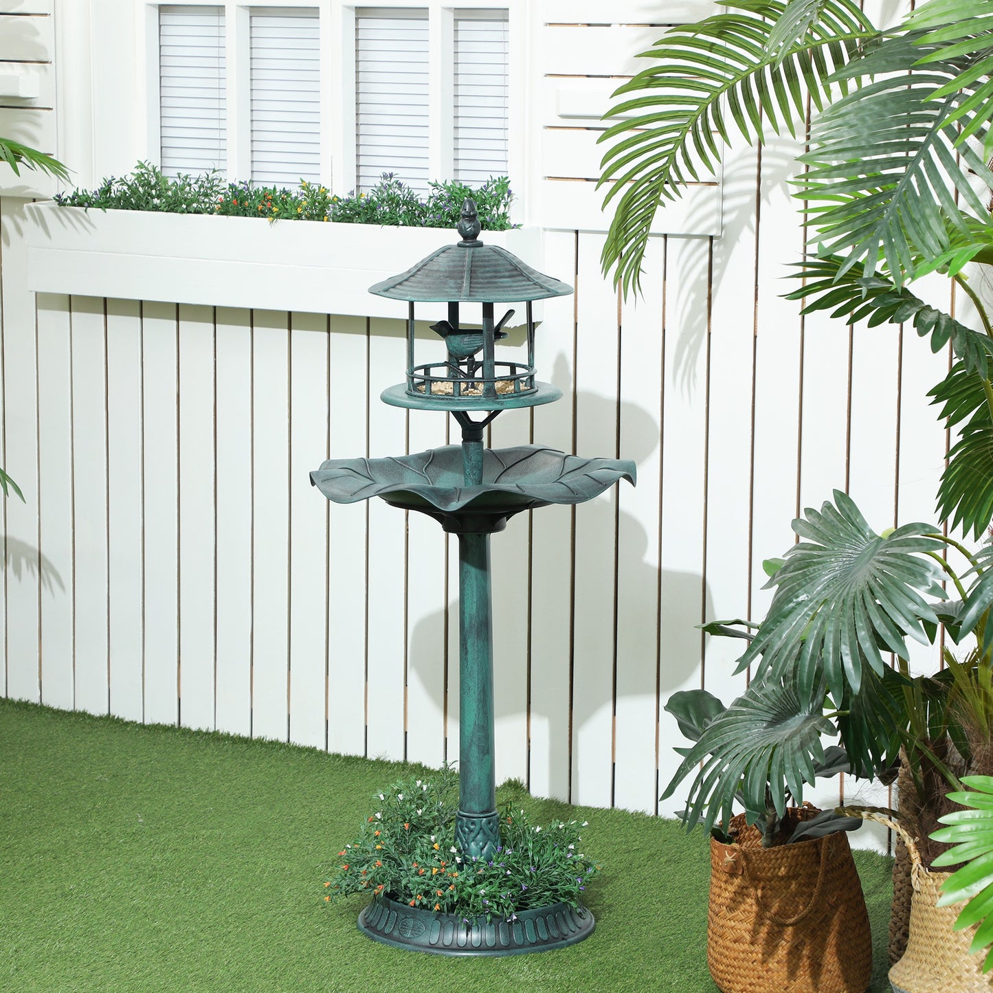 3-in-1 Garden Bird Bath Bowl Pedestal with Bird Feeder, Large Water Basin, Underneath Flower Planter, Green