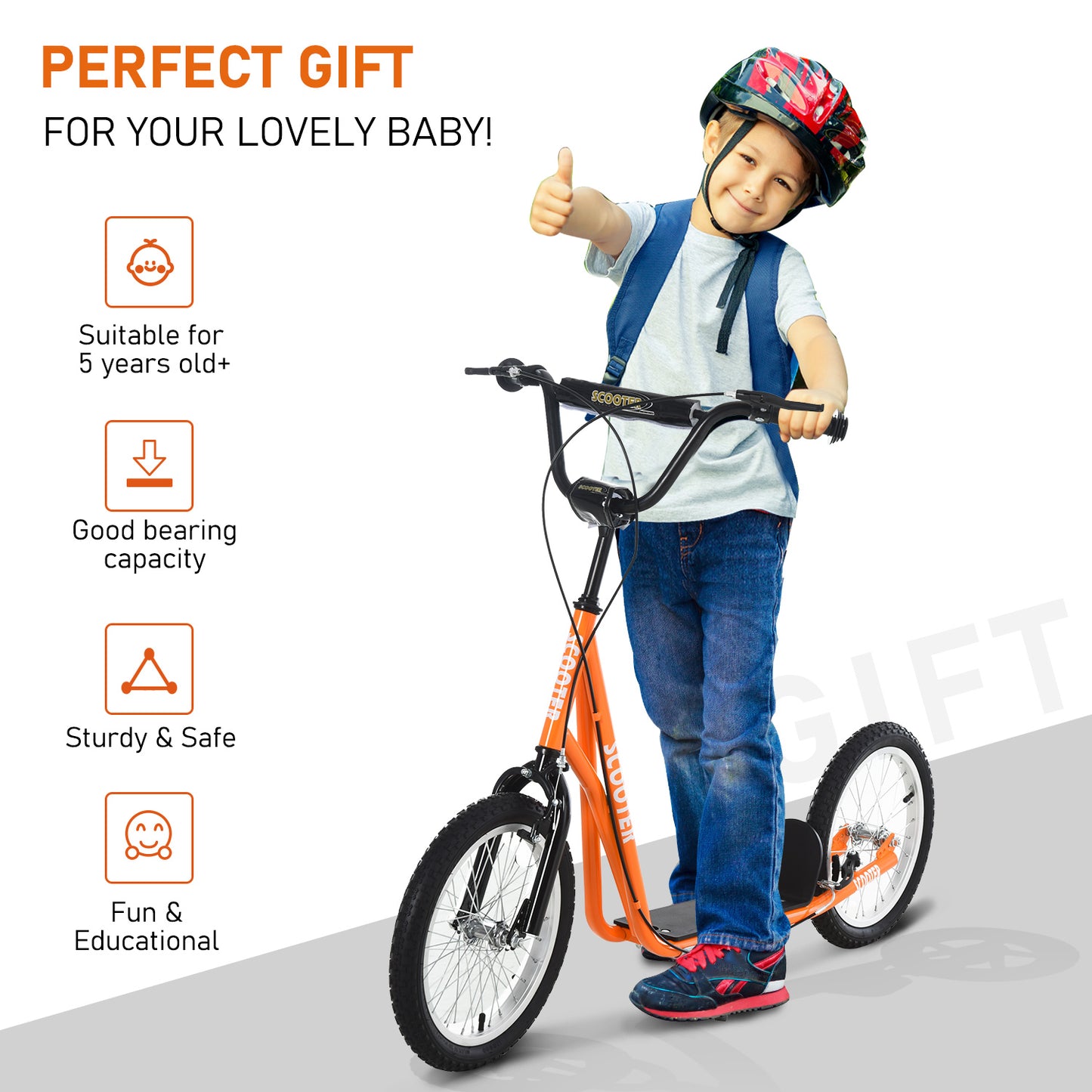 Youth Scooter Kick Scooter for Kids 5+ with Adjustable Handlebar Front and Rear Dual Brakes, Orange