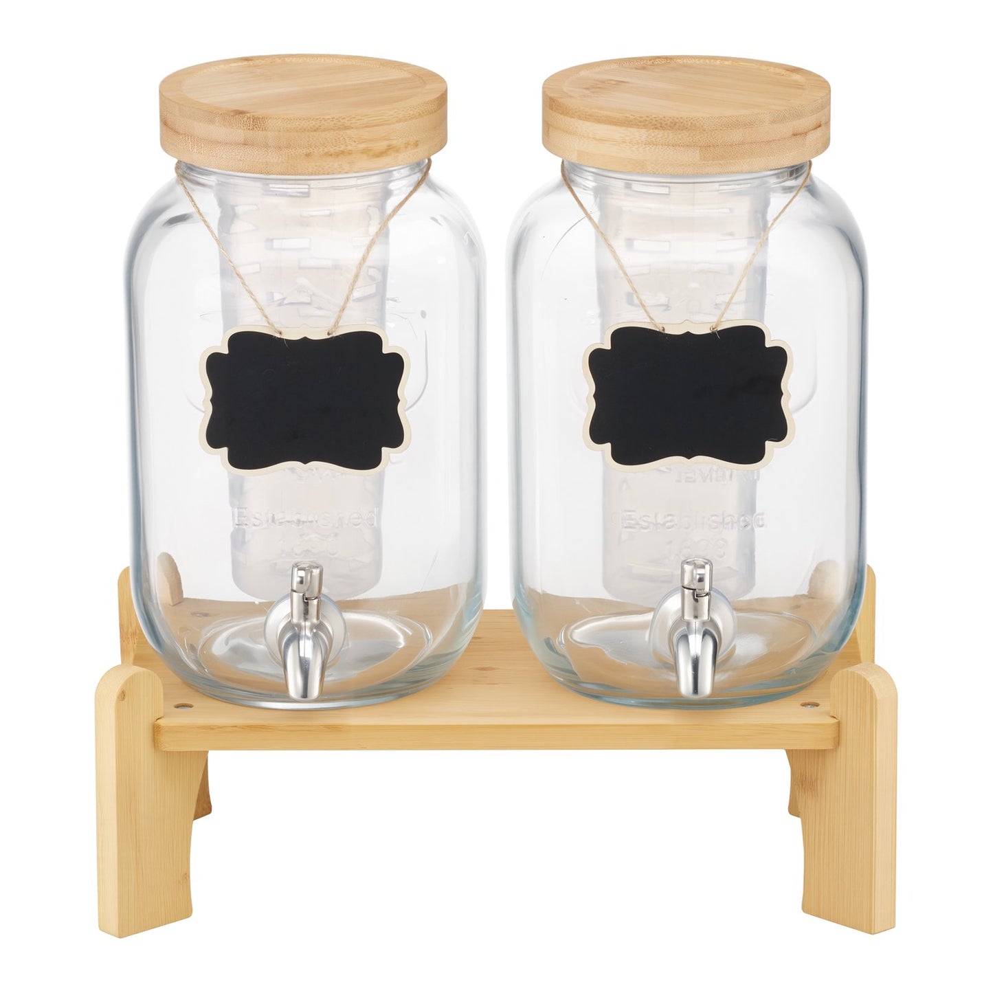 Beverage Dispenser, 2 Pack 1 Gallon Drink Dispensers For Parties, Glass Juice Dispenser With Wood Stand, Stainless Steel Spigot, Infuser, Iced Tea Lemonade Juice Water Dispensers For Parties