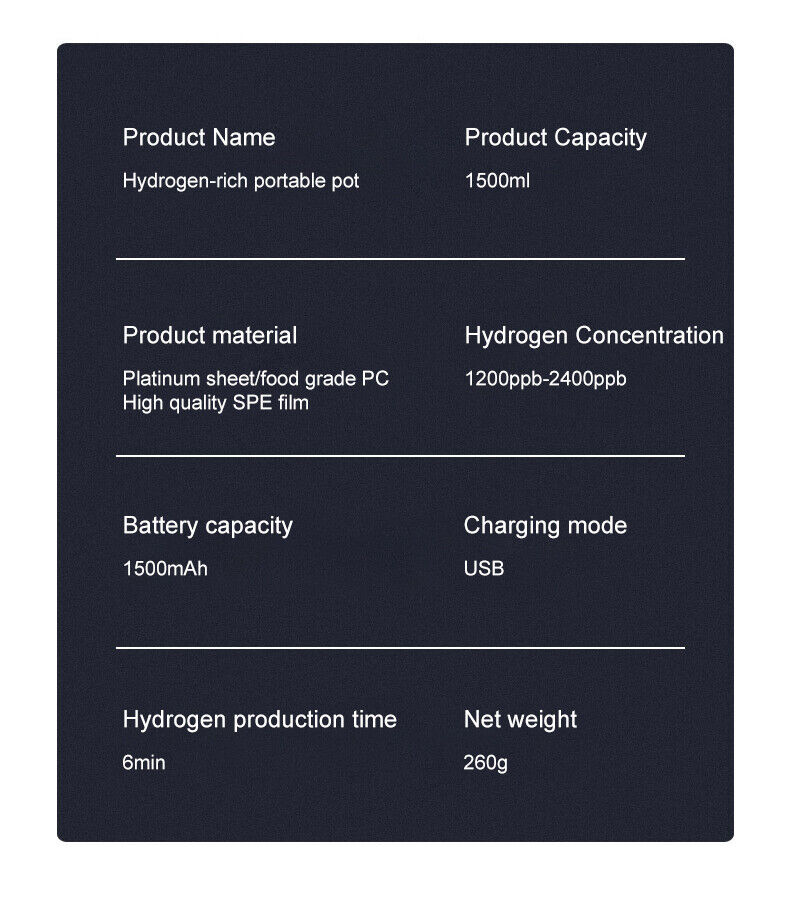 Hydrogen Water Bottle 1.5L Hydrogen Rich Portable Rich Hydrogen Water Generator