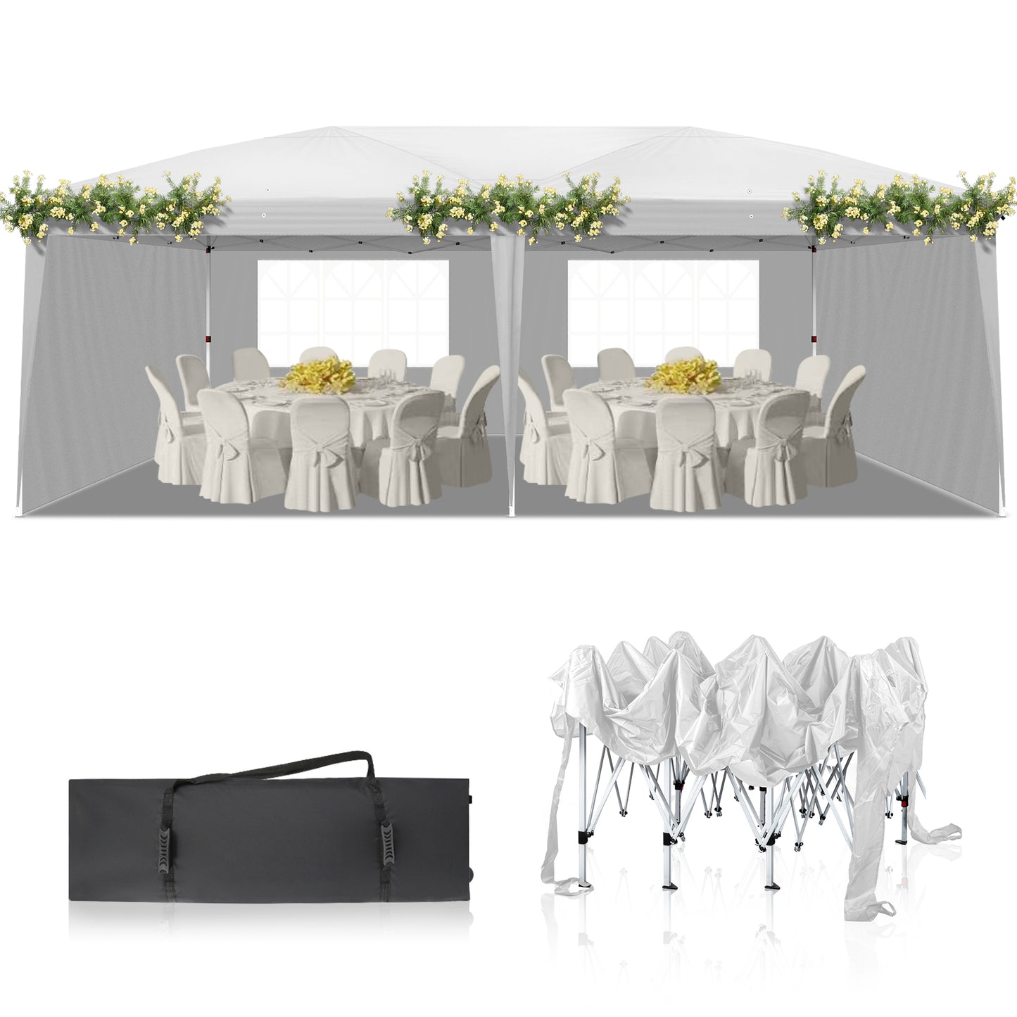 10x20ft White 4 Sides -2 Windows Folding Shed Oxford Cloth Spray Painted Iron Pipe Portable