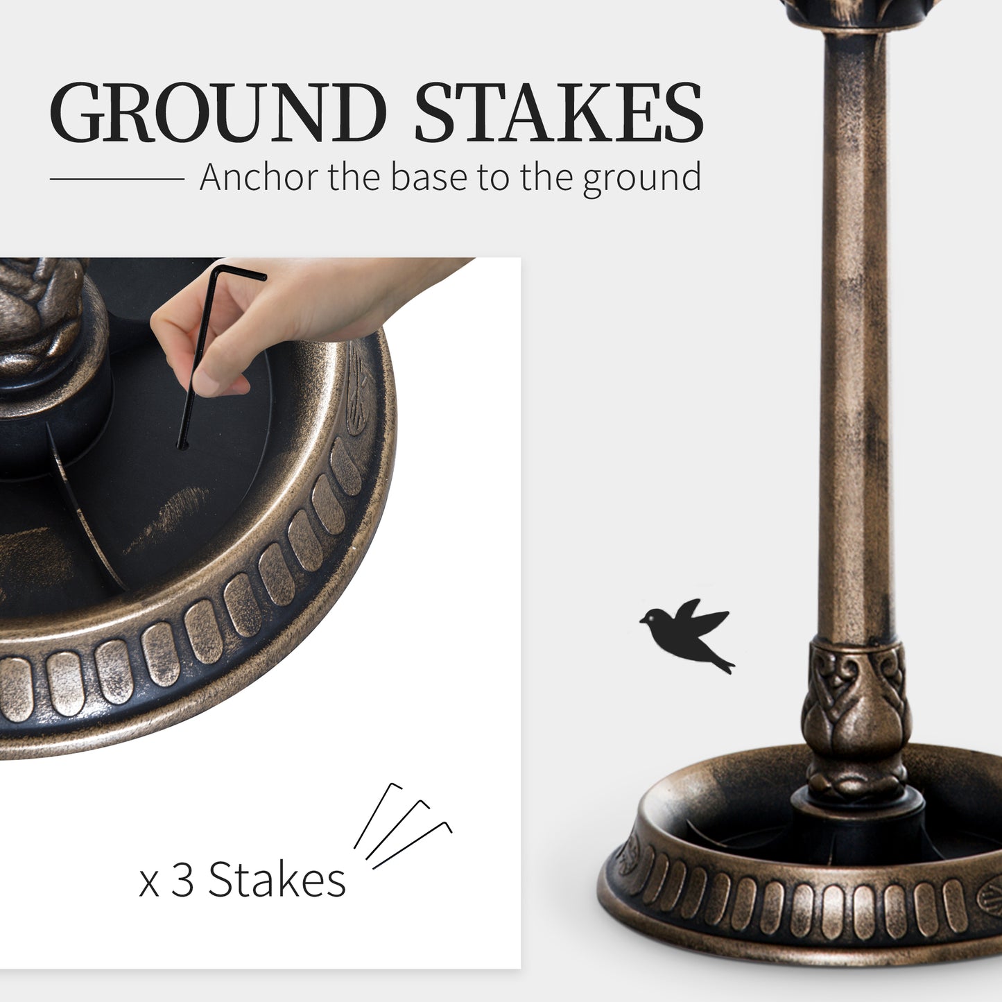 3-in-1 Garden Bird Bath Bowl Pedestal With Bird Feeder, Large Water Basin, Underneath Flower Planter, Bronze