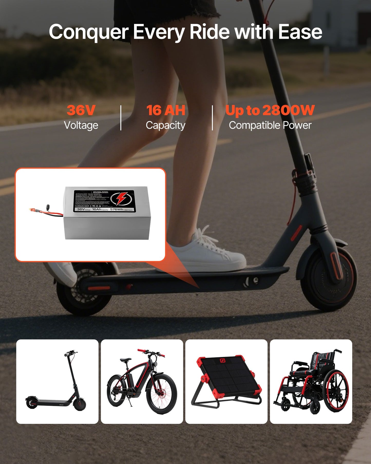 36V Electric Scooter Battery, 16Ah, Ebike Lithium Battery Pack With 30A BMS, Charger, T-Plug Expansion Cable, 500+ Cycles, Compatible With 2880W Motors, For Electric Bikes Bicycles, Scooters
