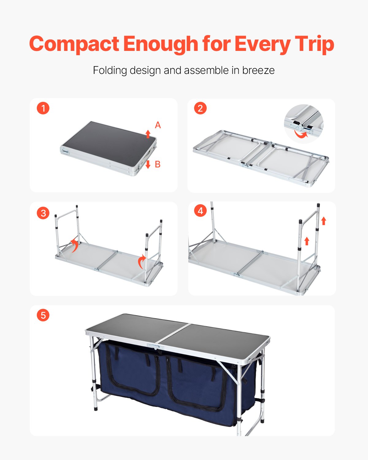 Camping Kitchen Table Folding Portable Cook Station 3 Adjustable Height Aluminum