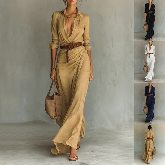 Irregular Long Dress With Belt Fashion And Elegant Button Lapel Long-sleeved Shirt Dresses Daily Office Commuting Clothing For Women