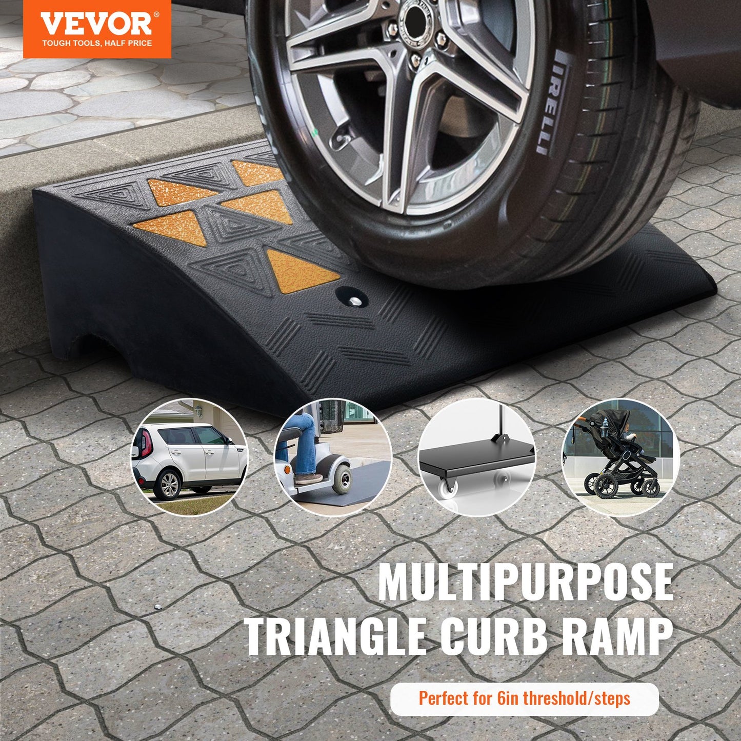 Rubber Curb Ramp 6' Rise Height Sidewalk Curb Ramp, 14.6' Width 19.3' Length Driveway Ramp For Curb, 15T Heavy Duty Rubber Ramp For Forklifts, Trucks, Buses, Cars, Wheelchairs, Bikes
