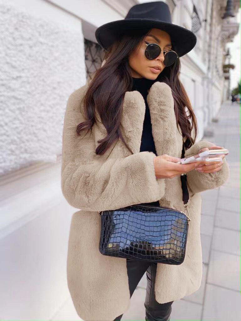 Temperament Long Sleeve Lapel Faux Fur Coat Solid Color Coat Women Fur Women's Clothing
