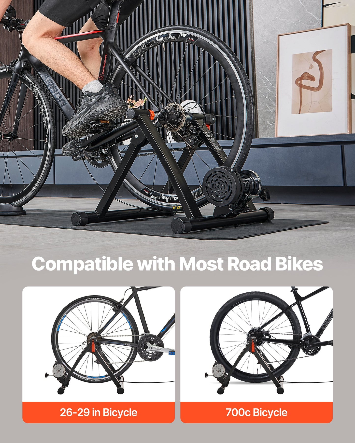 Bike Trainer, 6 Level Resistance, 26-29 In & 700C Wheels, Foldable Magnetic Bicycle Stationary Stand For Indoor Exercise Riding With Quick Release Skewer & Front Wheel Riser Block For Road Bikes