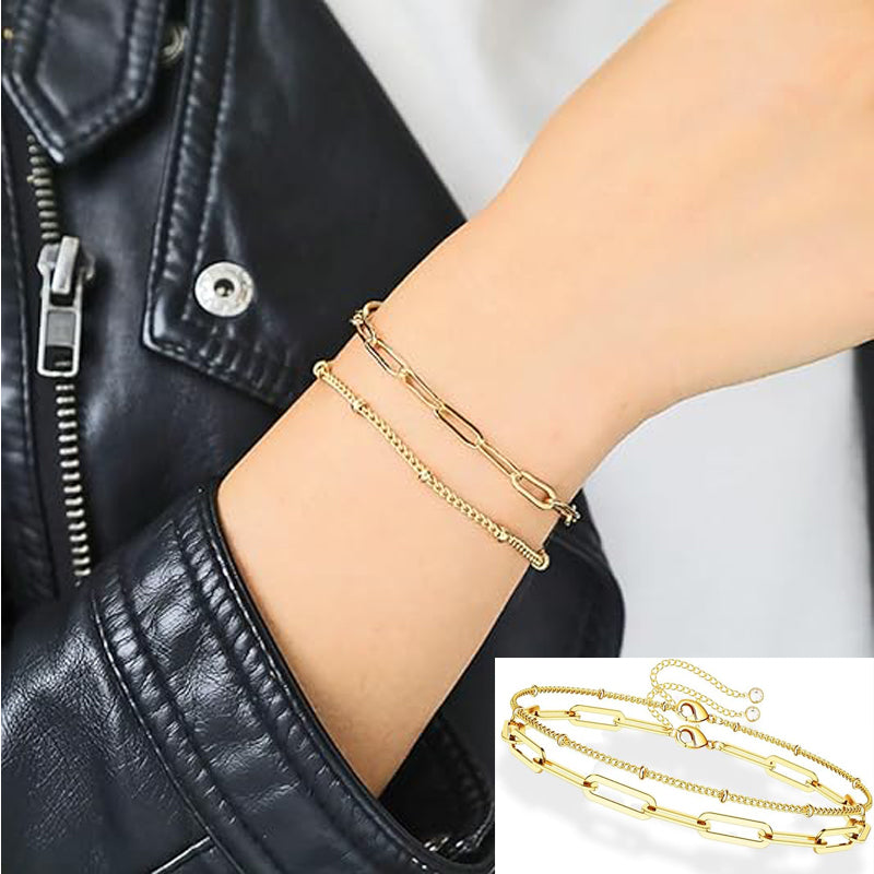 Dainty Gold Bracelets For Women, 14K Gold Filled Adjustable Layered Bracelet Cute Evil Eye Oval Chain Pearl Bar Turtle Gold Bracelets For Women Jewelry