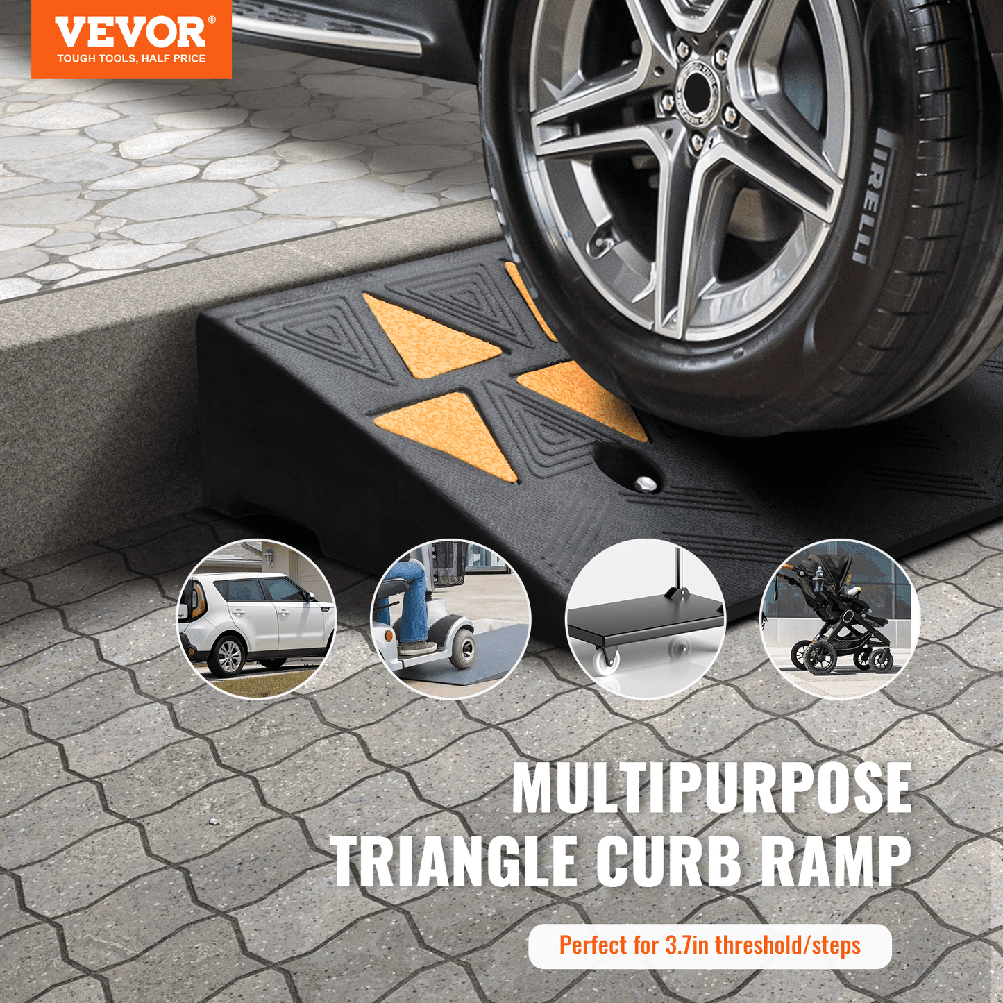 VEVOR Rubber Curb Ramp Rise Height Sidewalk Curb Ramp, Driveway Ramp For Curb, 15T Heavy Duty Rubber Ramp For Forklifts, Trucks, Buses, Cars, Wheelchairs, Bikes