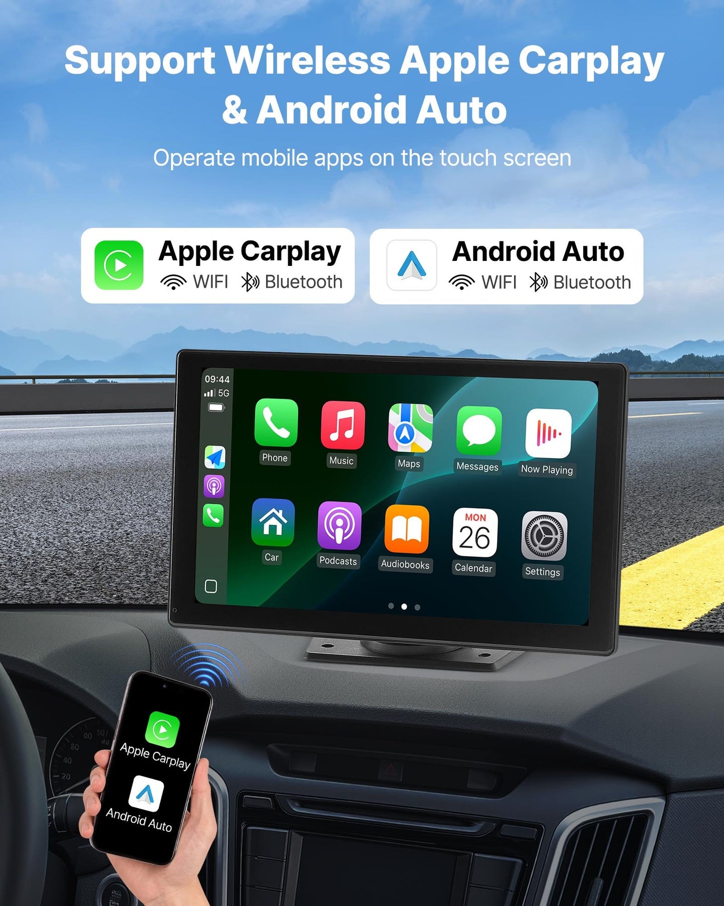 Wireless Car Stereo, 9-Inch HD Portable Radio Touch Screen Compatible With Apple CarPlay & Android Auto, CarPlay Screen With Backup Camera, Voice Control, Mirror Link, Bluetooth, GPS Navigation