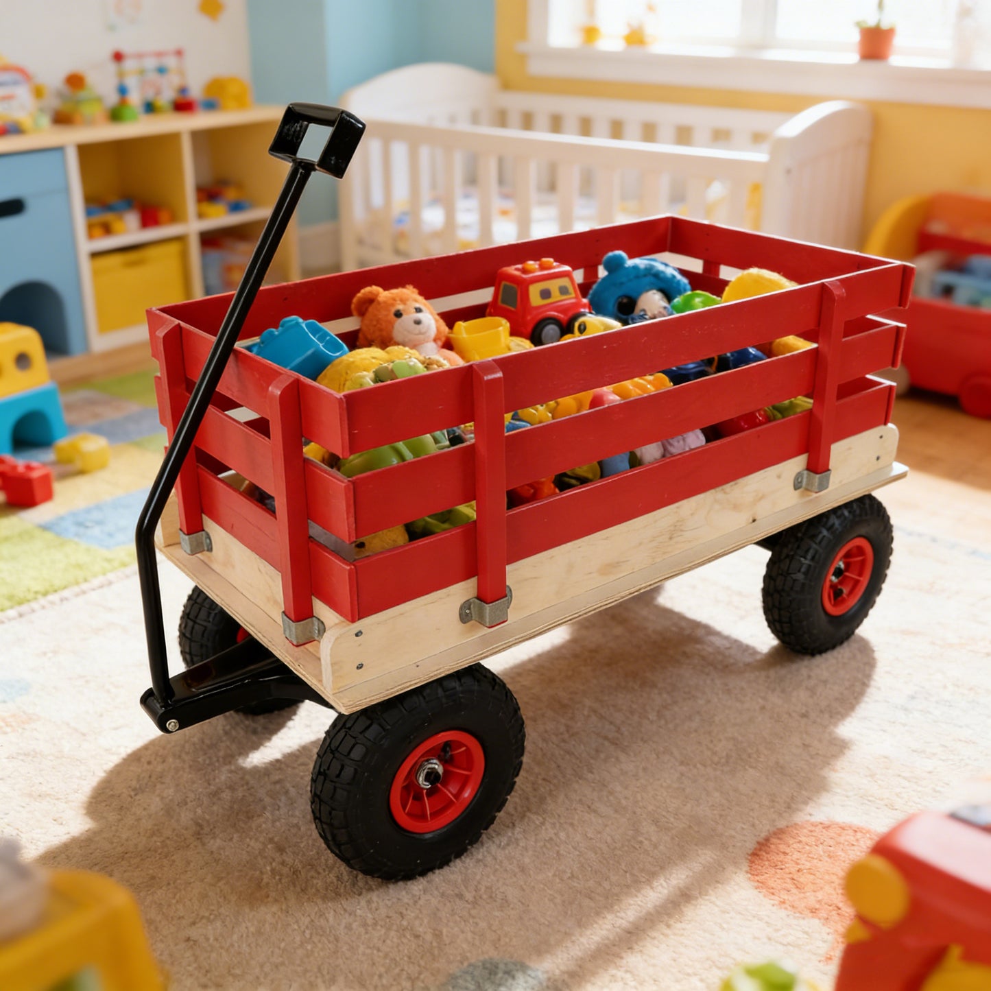 Children's And Garden Wooden Carriages, All-terrain Rubber Inflatable Wheelers, Outdoor Games, Courtyard Transportation, Picnic Supplies Red And Natural Colors