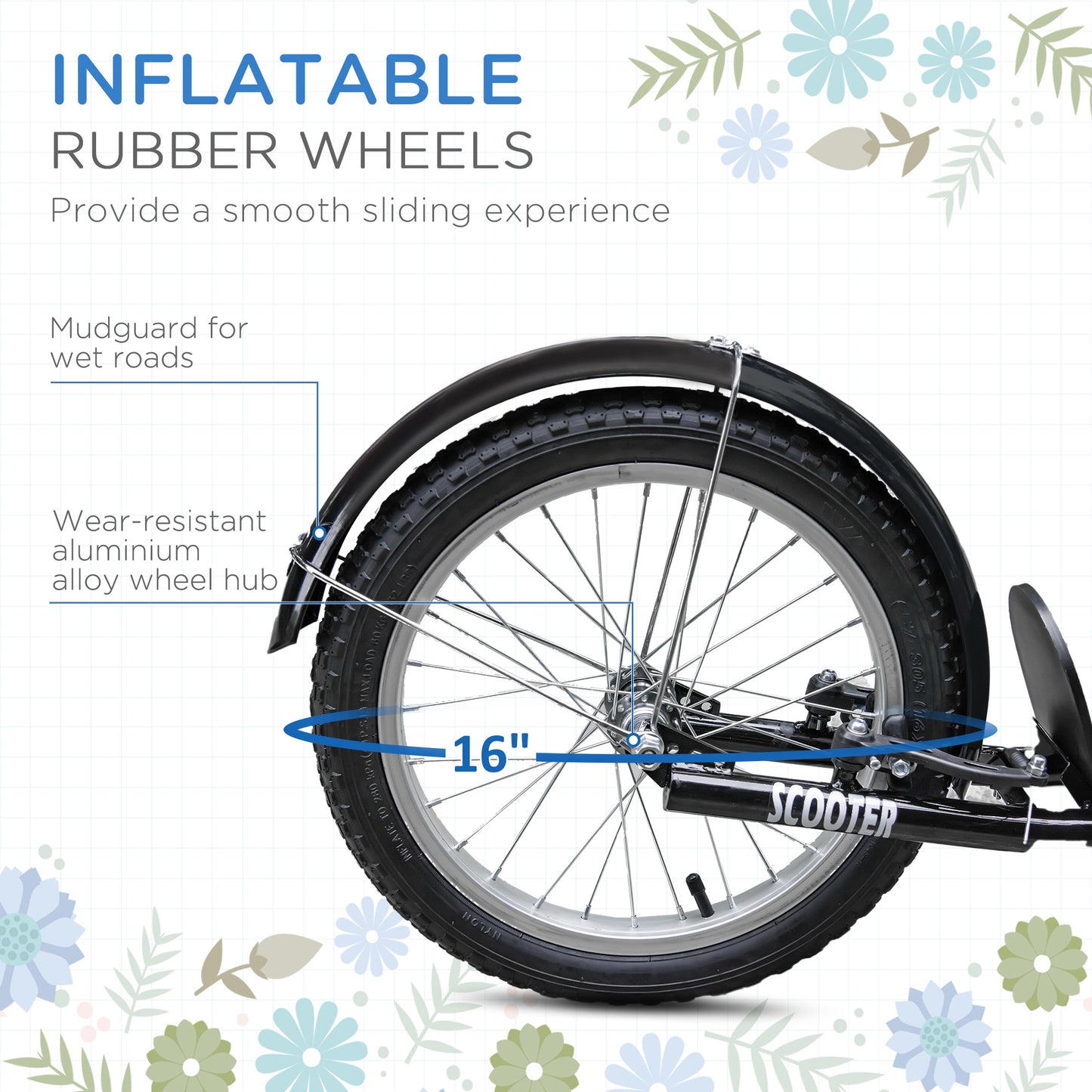 Youth Scooter, Kick Scooter with Adjustable Handlebars, Double Brakes, 16" Inflatable Rubber Tires, Basket, Cupholder, Blue