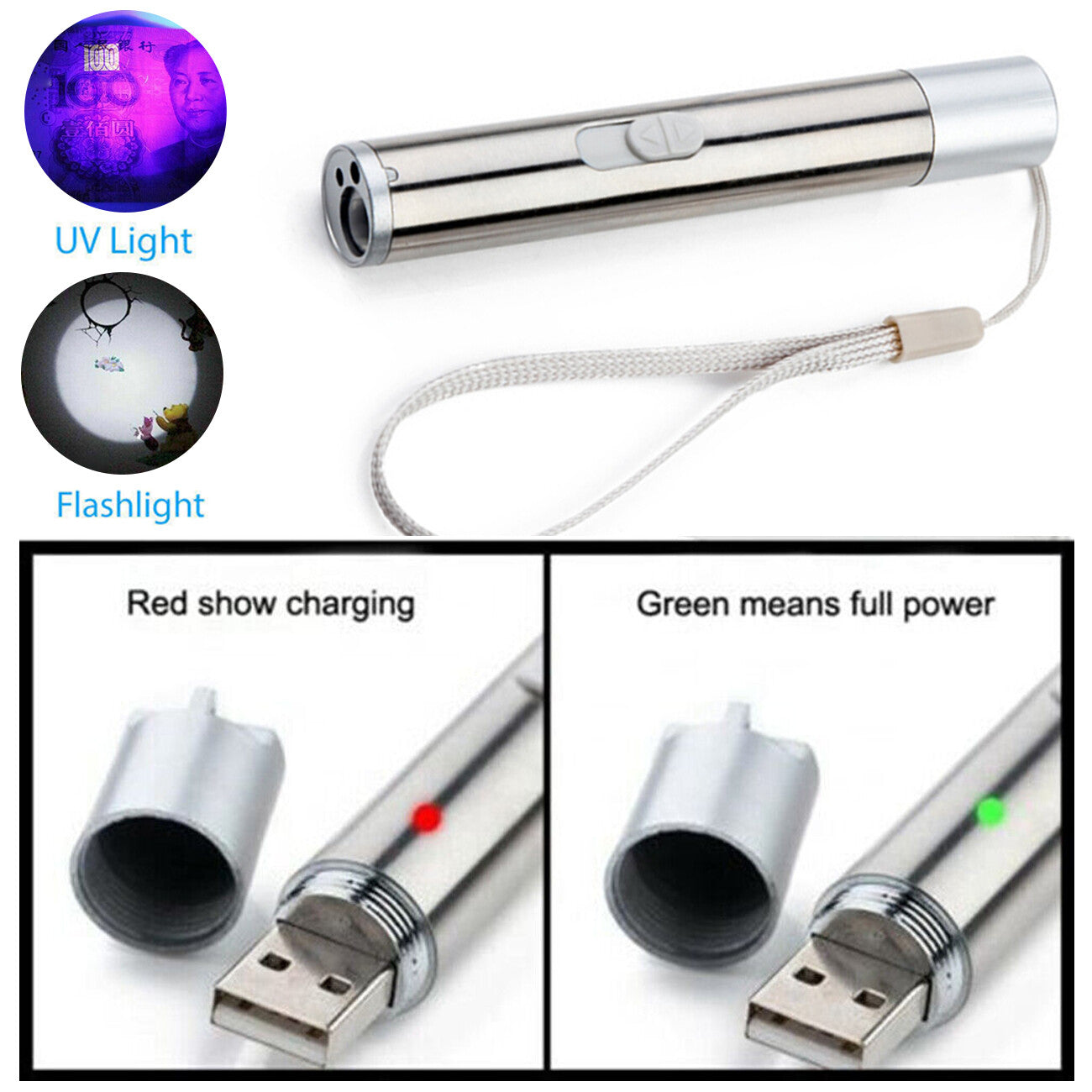 Red Laser Pointer Pen USB Rechargeable LED Light 3 In 1 UV Flashlight 2pcs Cat Dog Toys