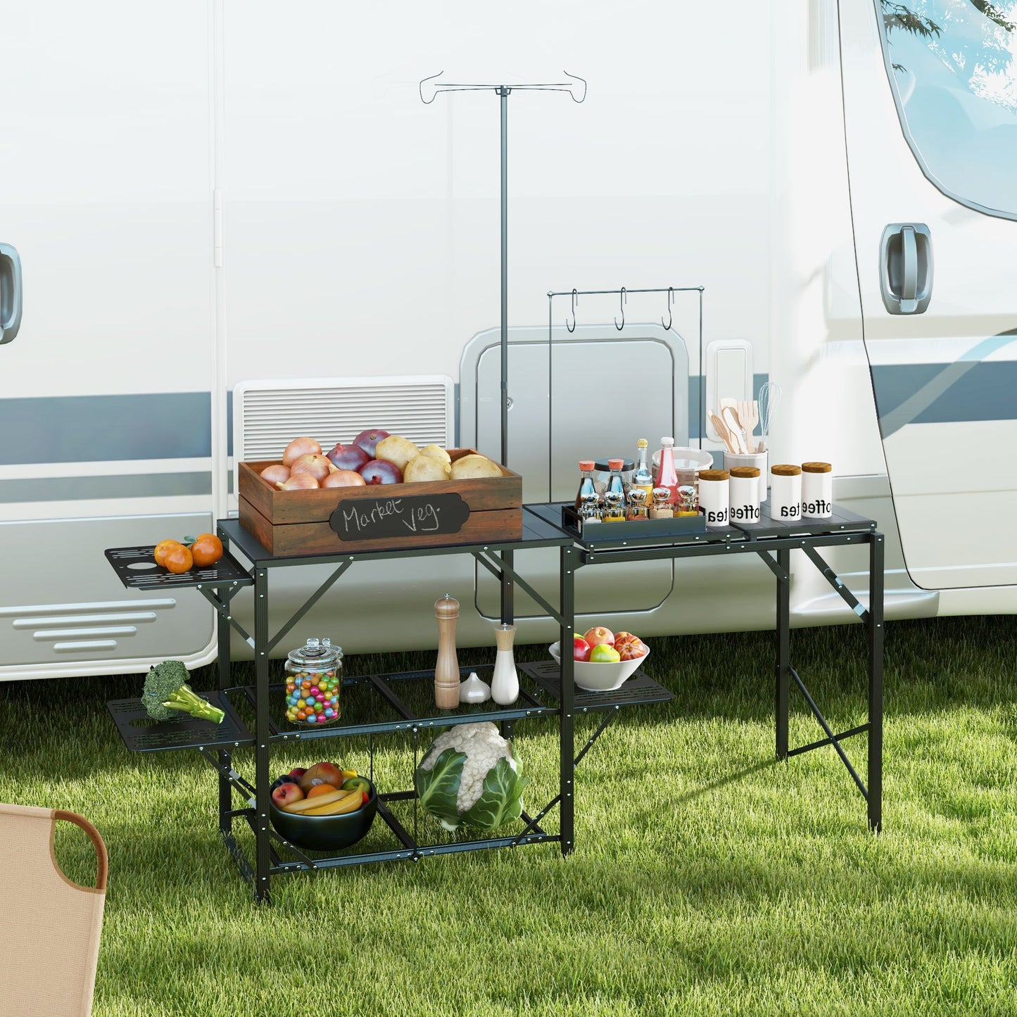 Folding Camp Kitchen, Camping Table Cooking Station with Adjustable Lamp Stand