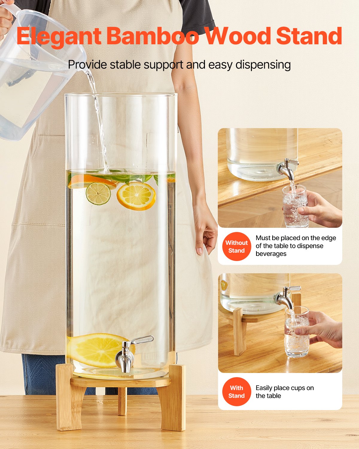 Beverage Dispenser, 3.5 Gallon Drink Dispensers For Parties, Glass Juice Dispenser With Wood Stand, Stainless Steel Spigot, Iced Tea Lemonade Juice Water Dispensers For Parties