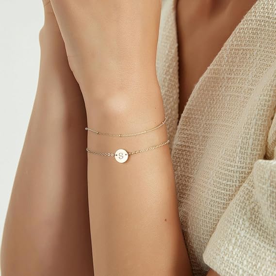 Dainty Gold Bracelets For Women, 14K Gold Filled Adjustable Layered Bracelet Cute Oval Chain  Bar Gold Bracelets For Women Jewelry