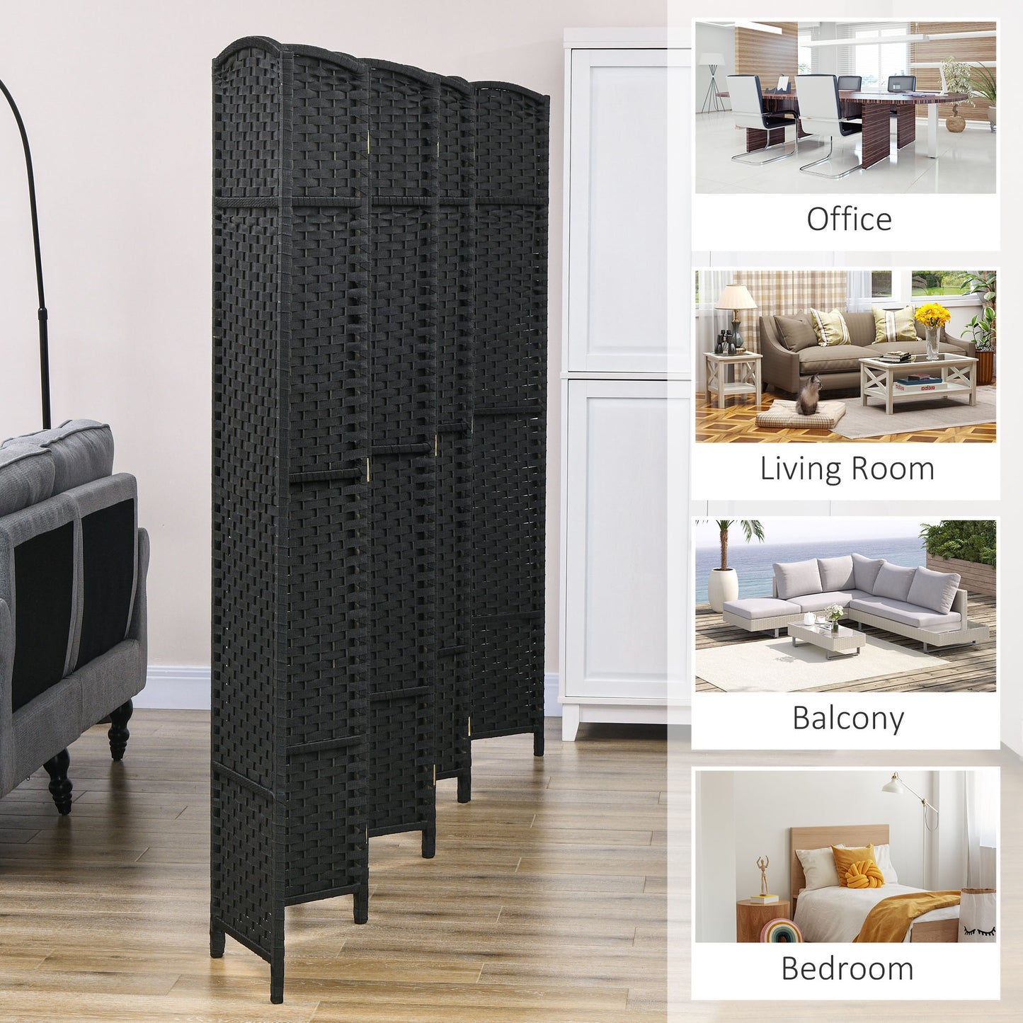 Folding Room Divider Screen 8 Panel 5.6 ' Tall Privacy Screen Freestanding Room Partition for Home Office, Black
