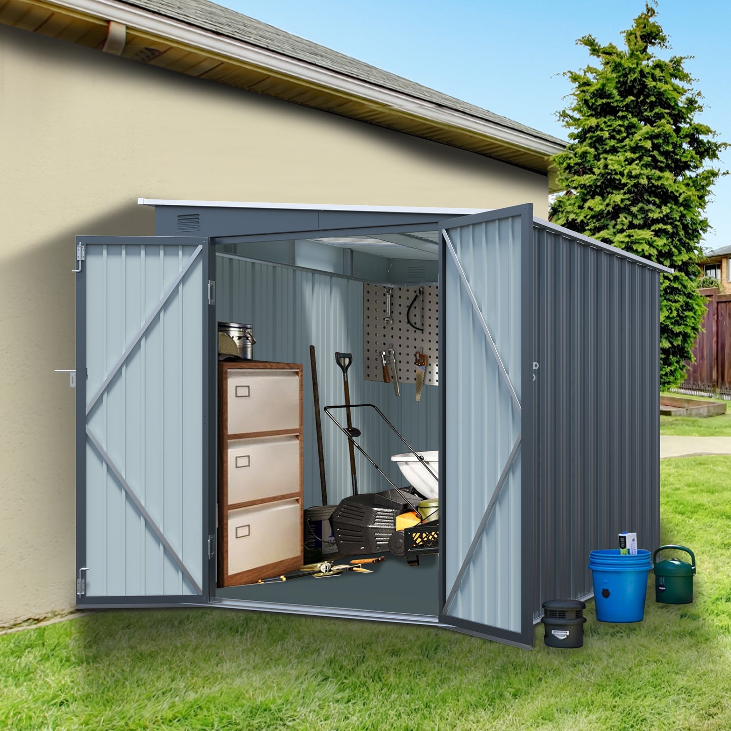 6x8FT Galvanized Steel Outdoor Storage Shed With Lockable Double Doors, Metal Lean To Shed With Free PC Light Board For Tools, Bikes & Patio  Without Floors
