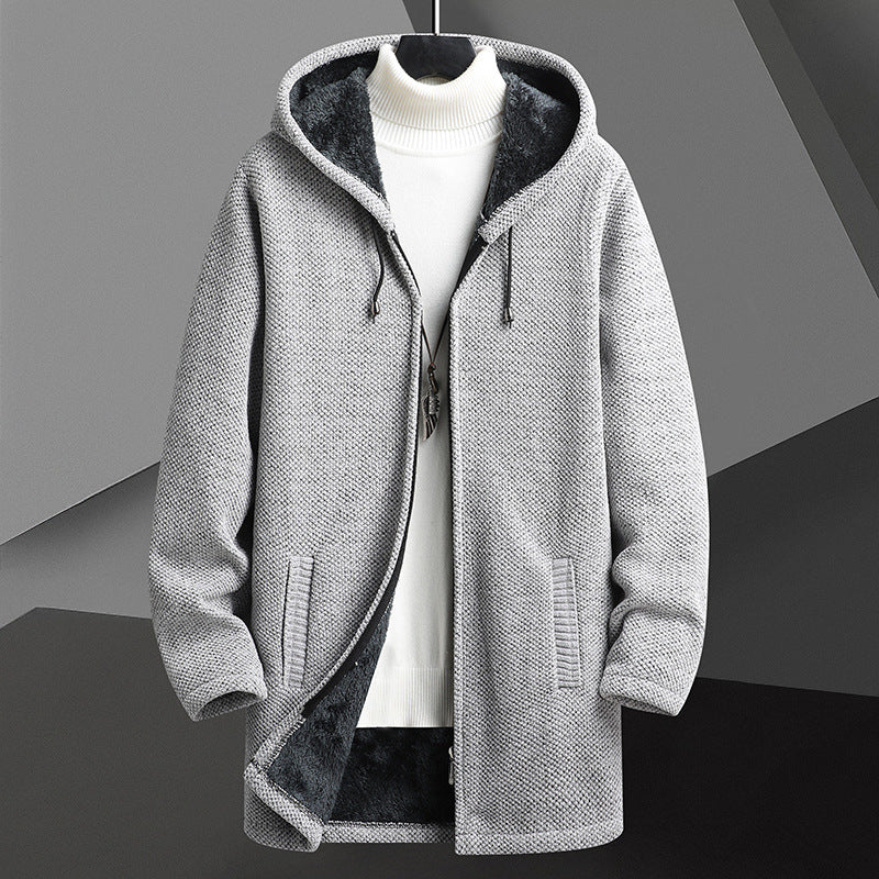Fall Winter Men Fleece-lined Mid-length Zipper Hooded Sweater Cardigan