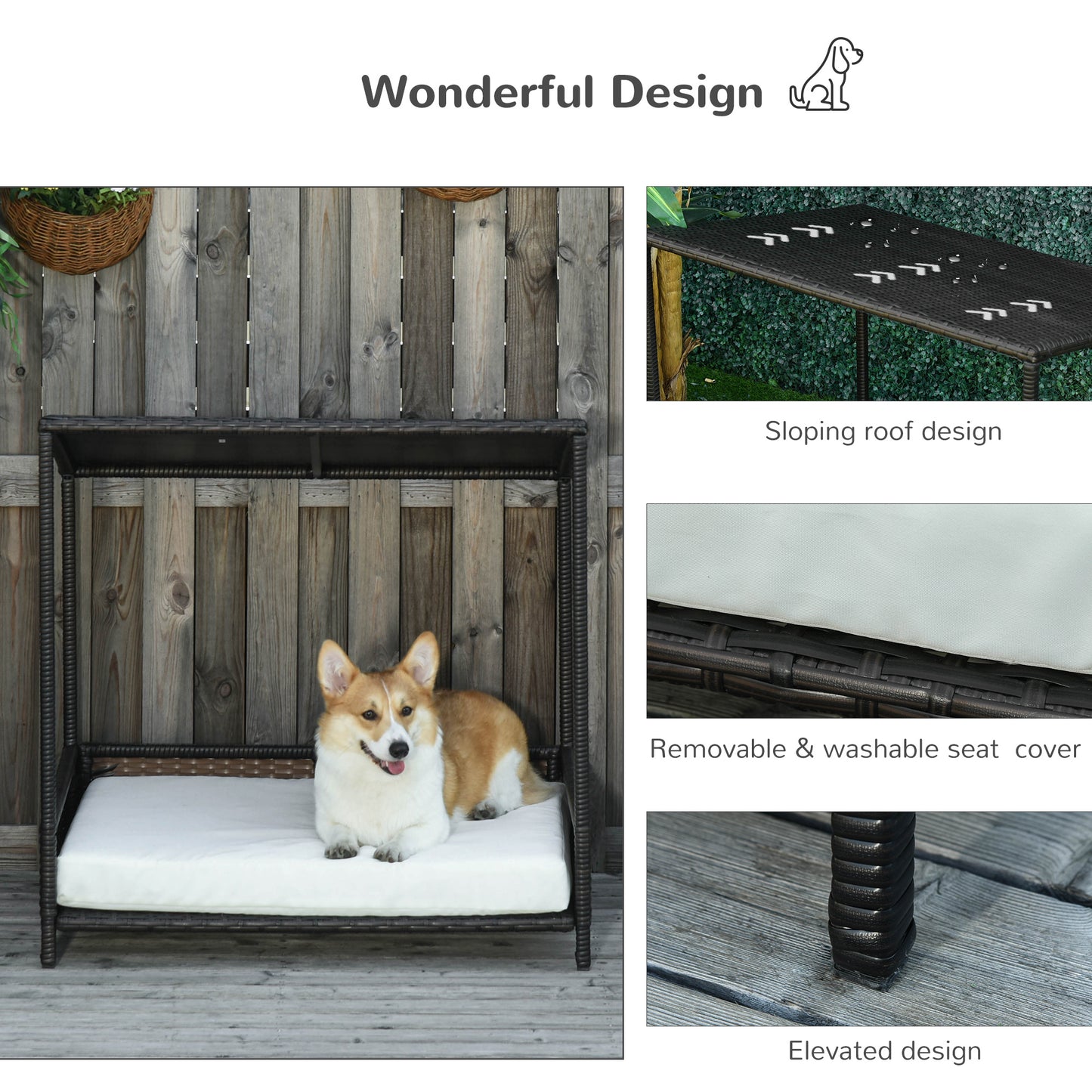 Wicker Dog House Raised Rattan Puppy Bed Cat Shelter For Indoor Outdoor Garden Patio Pet Sofa With Removable Cushion For Medium Sized Pet Brown