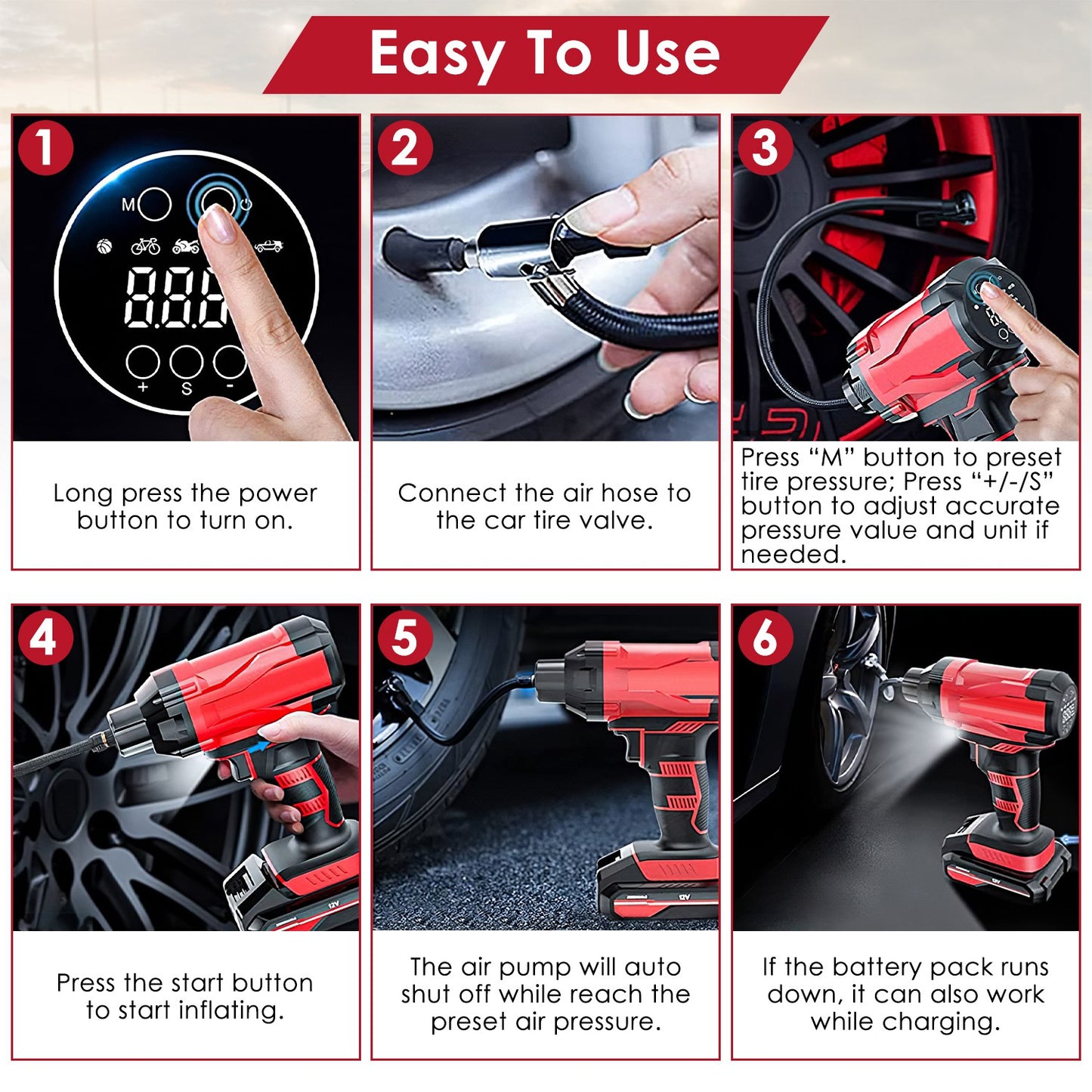 1Pc 150PSI Cordless Car Tire Inflator Rechargeable  2V Portable Electric Air Compressor With LED Light For Car Bike Motorcycle Ball