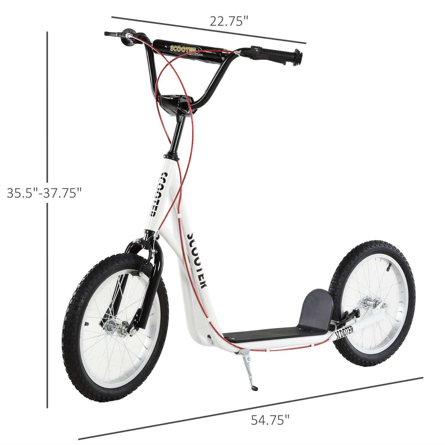 Youth Scooter Kick Scooter For Kids 5+ With Adjustable Handlebar Front And Rear Dual Brakes Inflatable Wheels, White