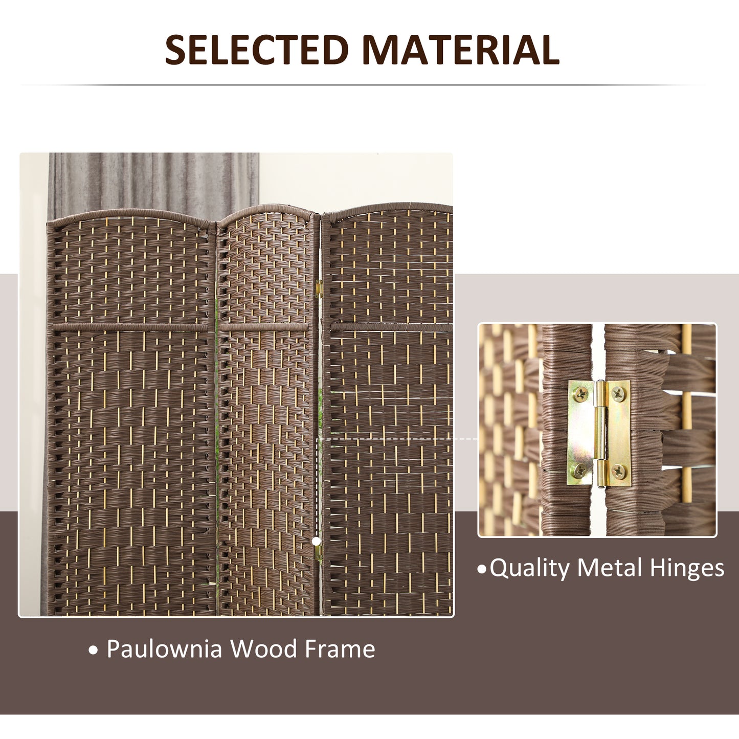 Folding Room Divider Screen 3 Panel 6' Tall Privacy Screen Freestanding Wood Partition for Home Office, Brown