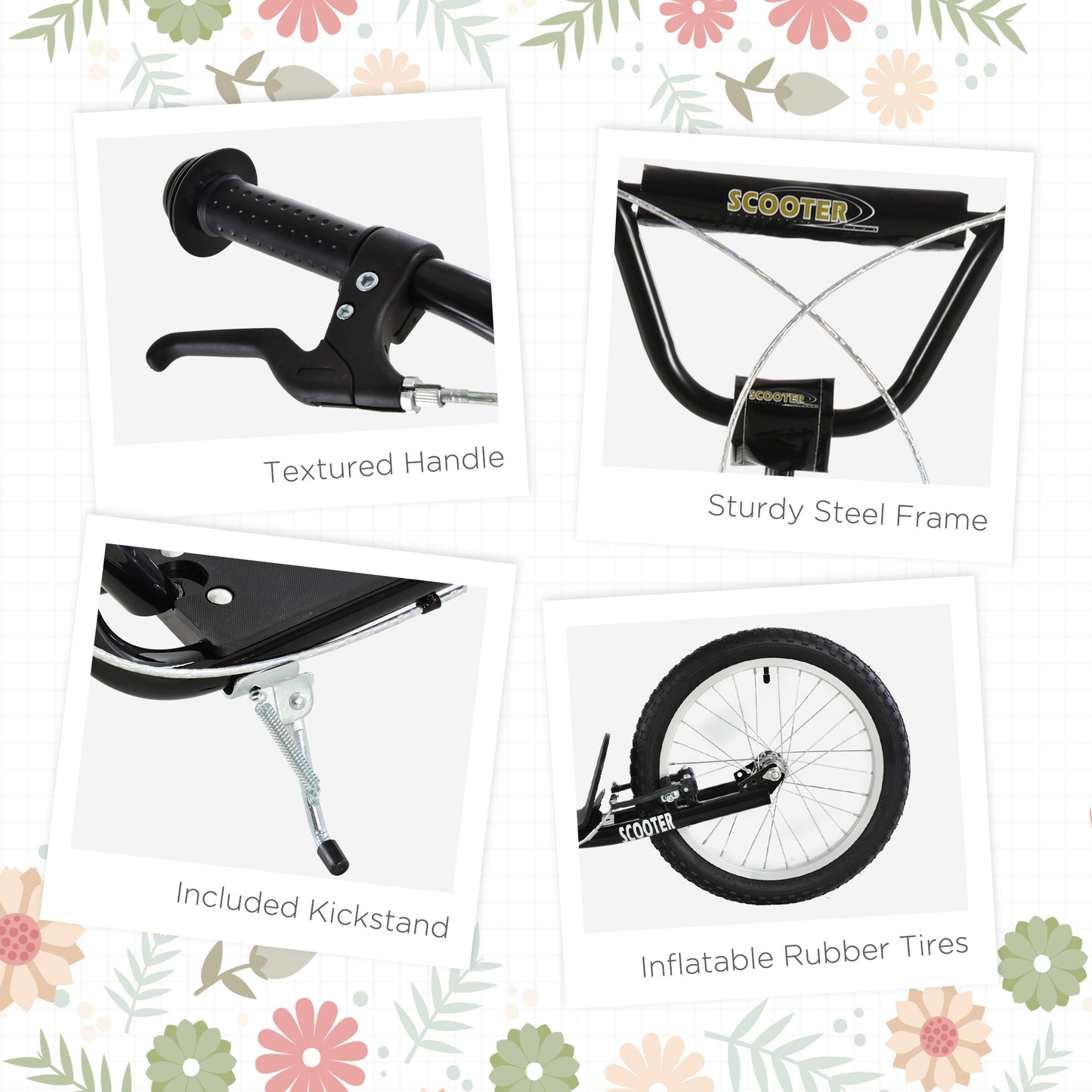 Youth Scooter Kick Scooter for Kids 5+, Max Load 220 LBS., with Adjustable Handlebar, 16" Inflatable Wheels, Dual Brakes, Black