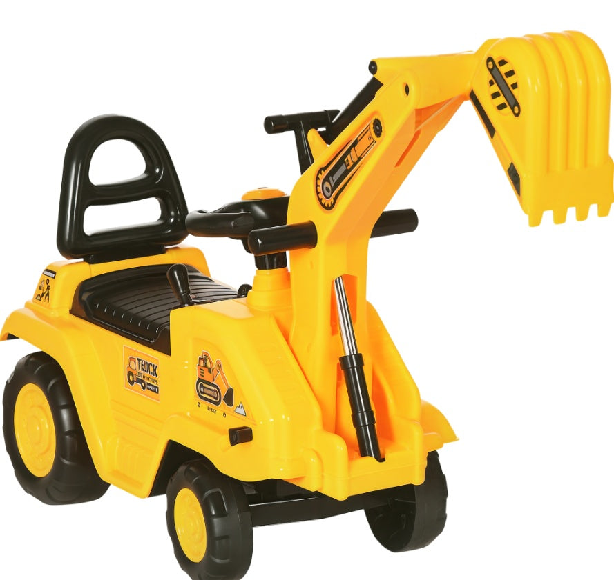 3-in-1 Ride On Excavator Digger Scooter & Pulling Cart, Construction Pretend Play Toy For Kids