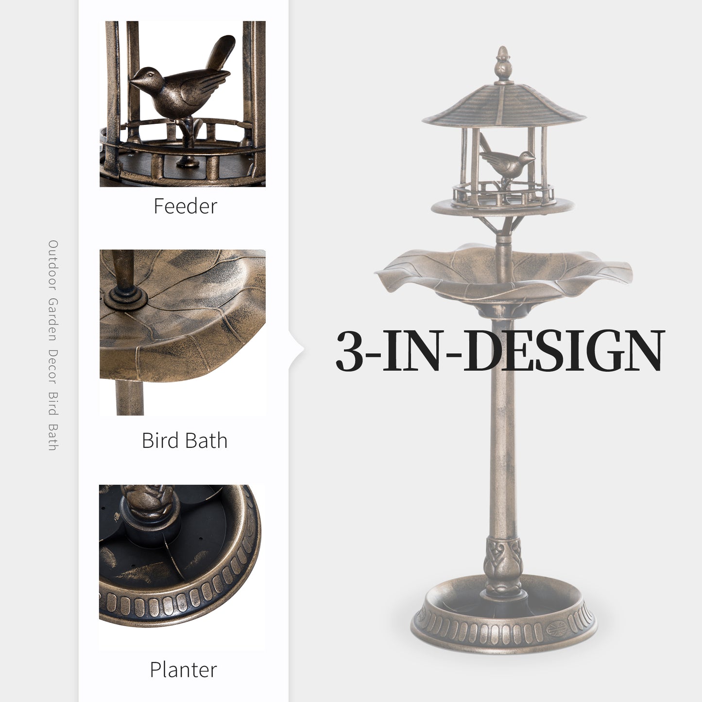 3-in-1 Garden Bird Bath Bowl Pedestal With Bird Feeder, Large Water Basin, Underneath Flower Planter, Bronze